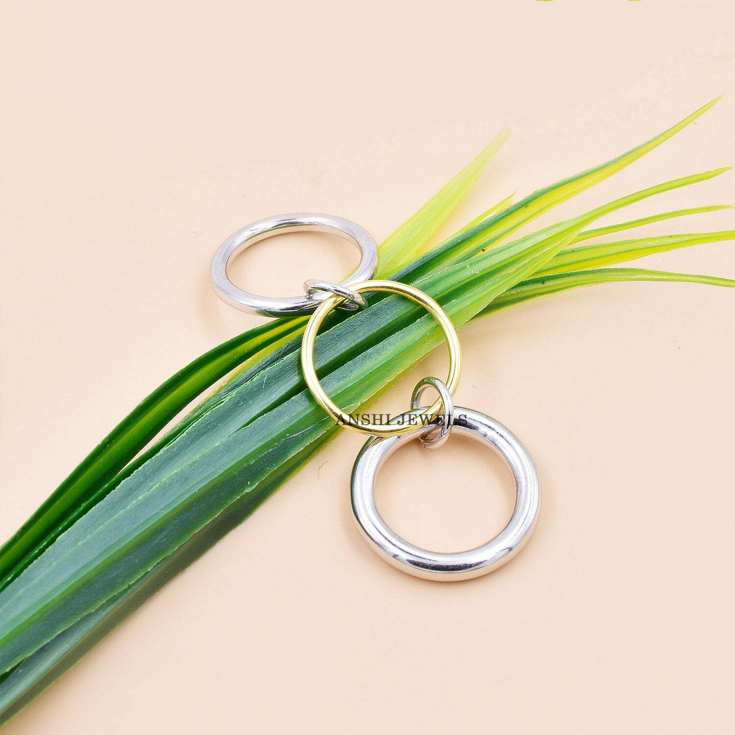 14K Yellow Gold Vermeil & Silver Band Ring, Plain Silver 3 Set Band Ring, Enter Locking Band Ring, Woman 3 Set Multi Connector Band Ring - Image 2