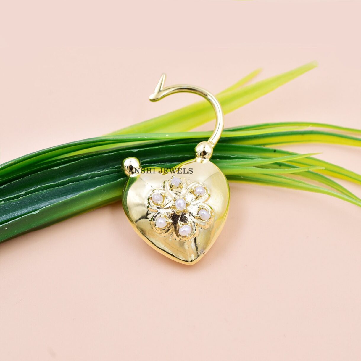 14K Yellow Gold Vermeil Padlock, Pearl Designer Padlock, Heart Oval