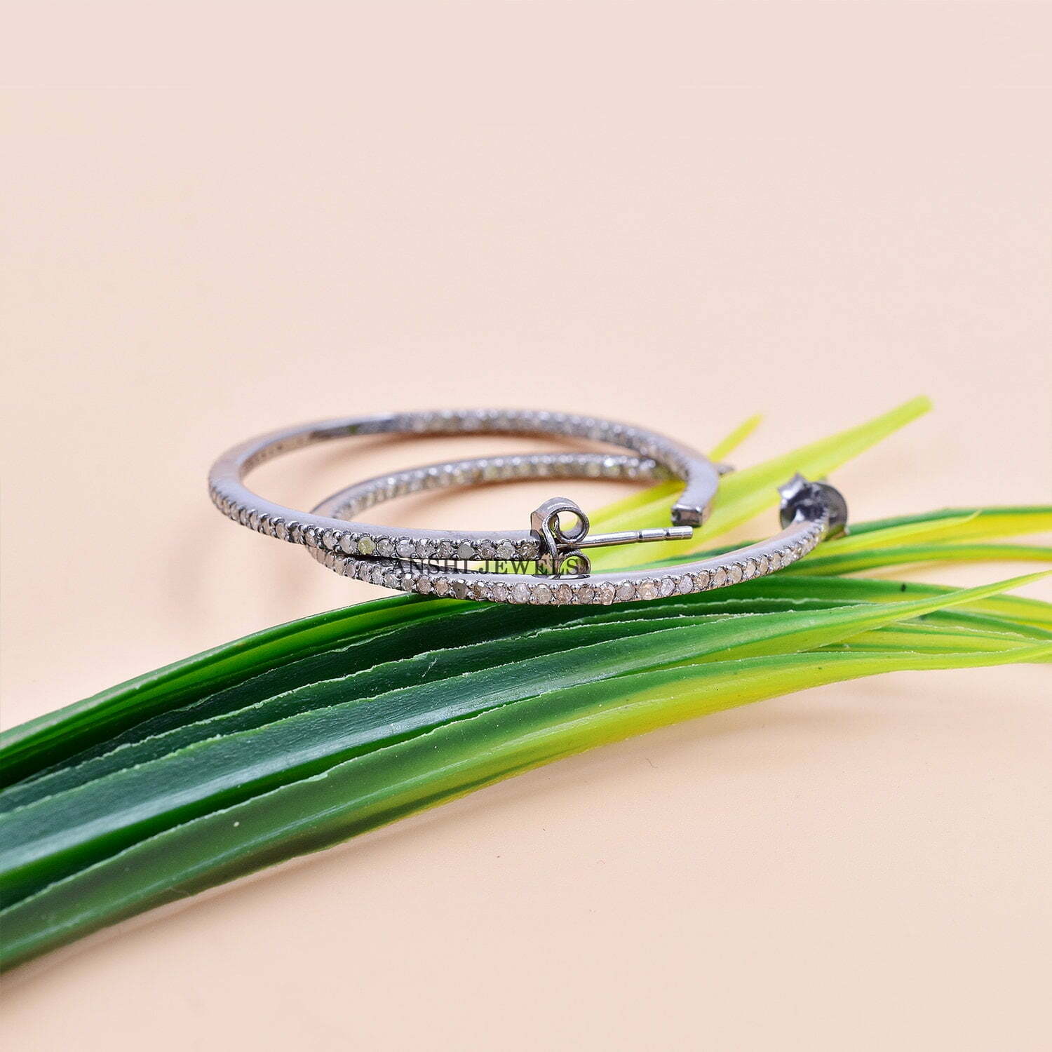 Gray plated designer earring, Designer diamond hoop earring, 925 sterling silver diamond hoop earring - Image 4