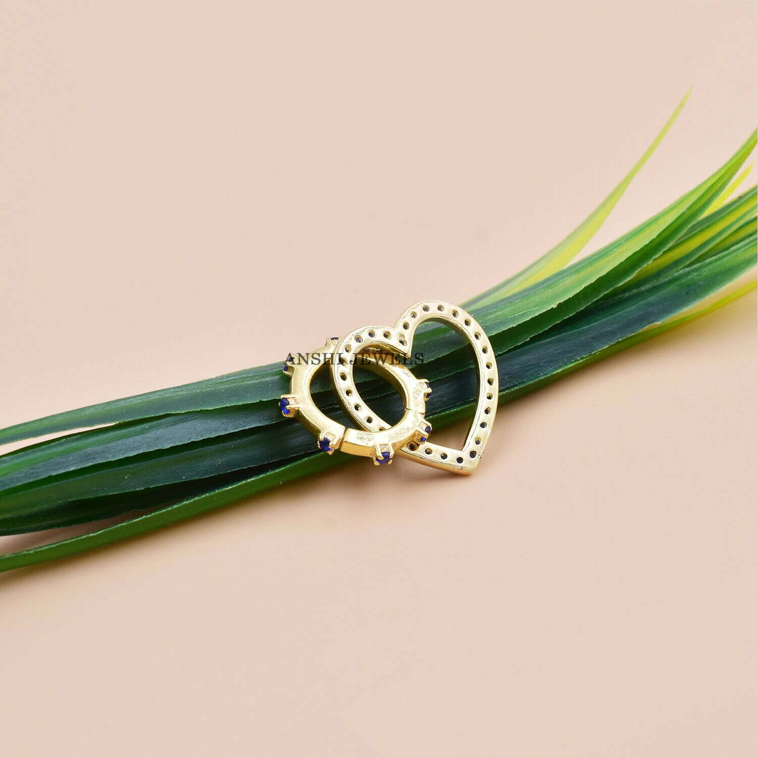 14k Yellow Gold Plated Charm Holder, Blue Sapphire Heart & Clasp Lock Charm, Woman Designer Necklace Charm - Image 3