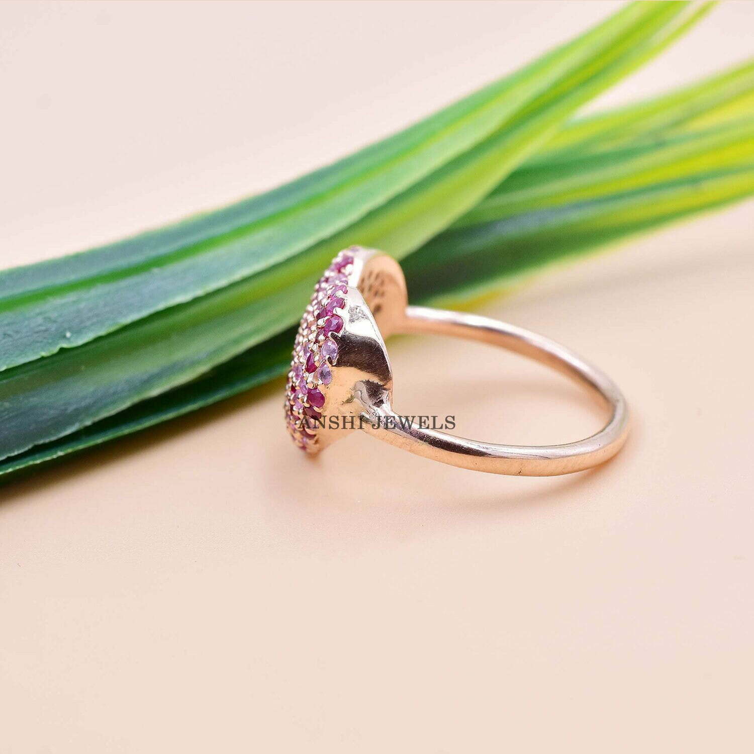 14K Rose Gold Plated Heart Band Ring, Pink Sapphire & Ruby Heart Band Ring, Engagement Heart Band Ring - Image 3