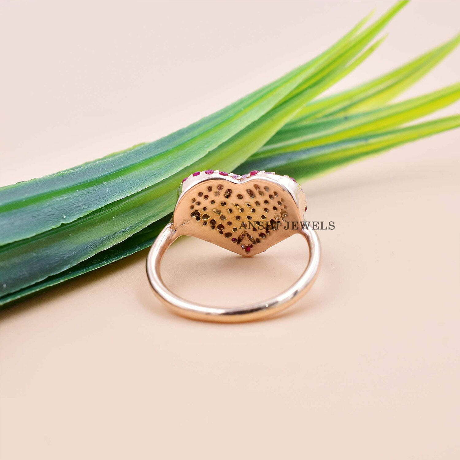 14K Rose Gold Plated Heart Band Ring, Pink Sapphire & Ruby Heart Band Ring, Engagement Heart Band Ring - Image 4