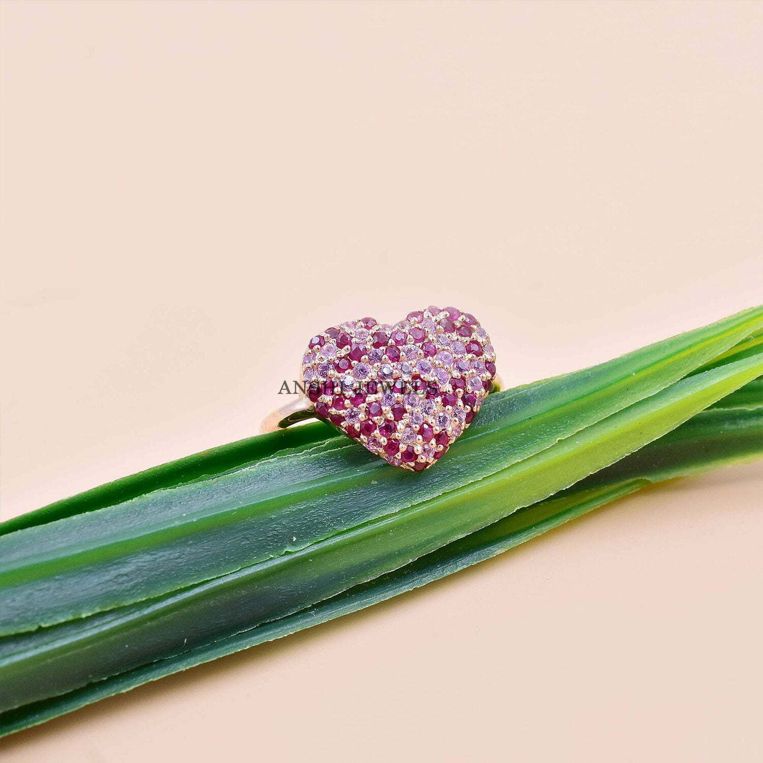 14K Rose Gold Plated Heart Band Ring, Pink Sapphire & Ruby Heart Band Ring, Engagement Heart Band Ring - Image 2