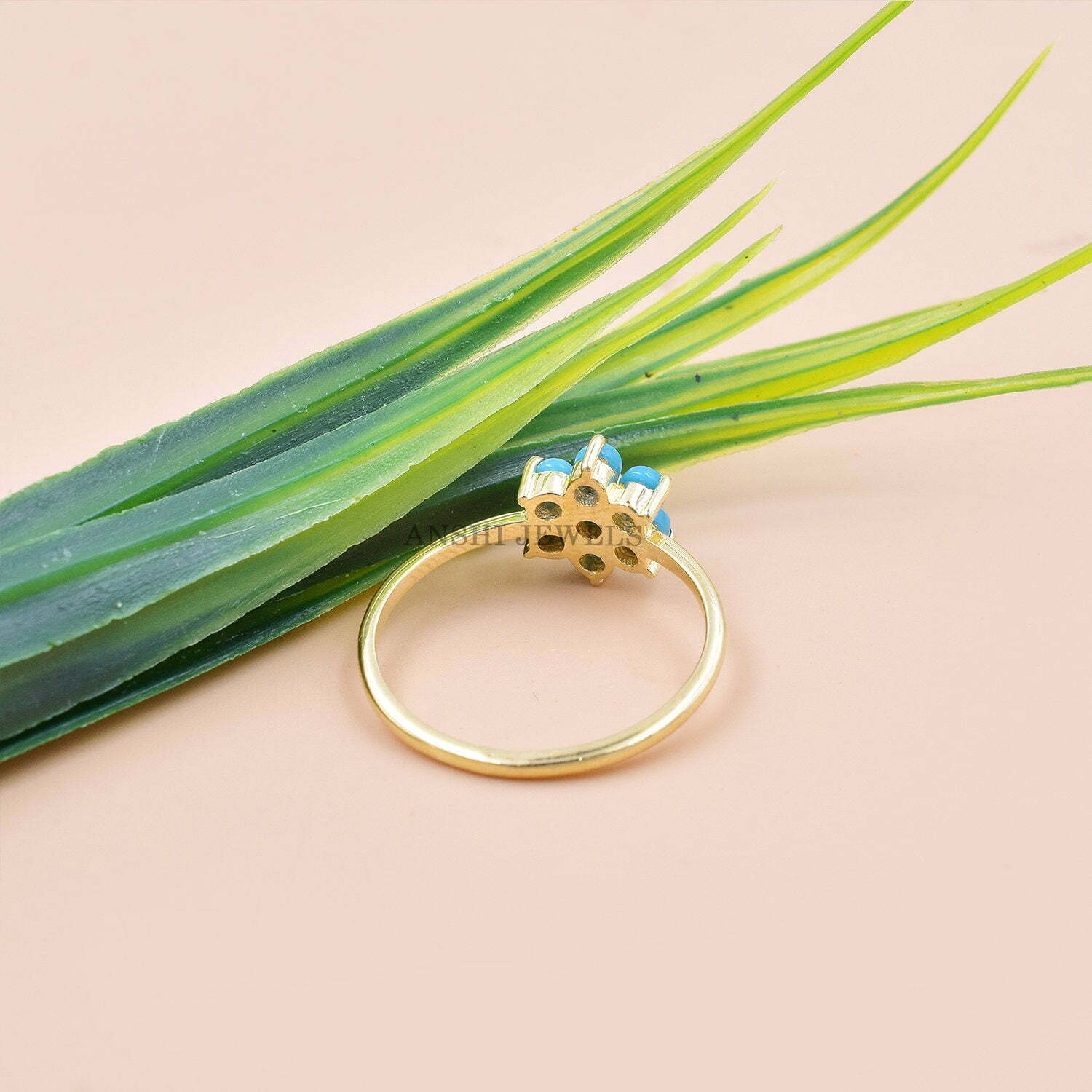 Turquoise Band Ring, 14K Gold Vermeil Band Ring, Women Turquoise Ring, Thin Turquoise Band Ring - Image 6