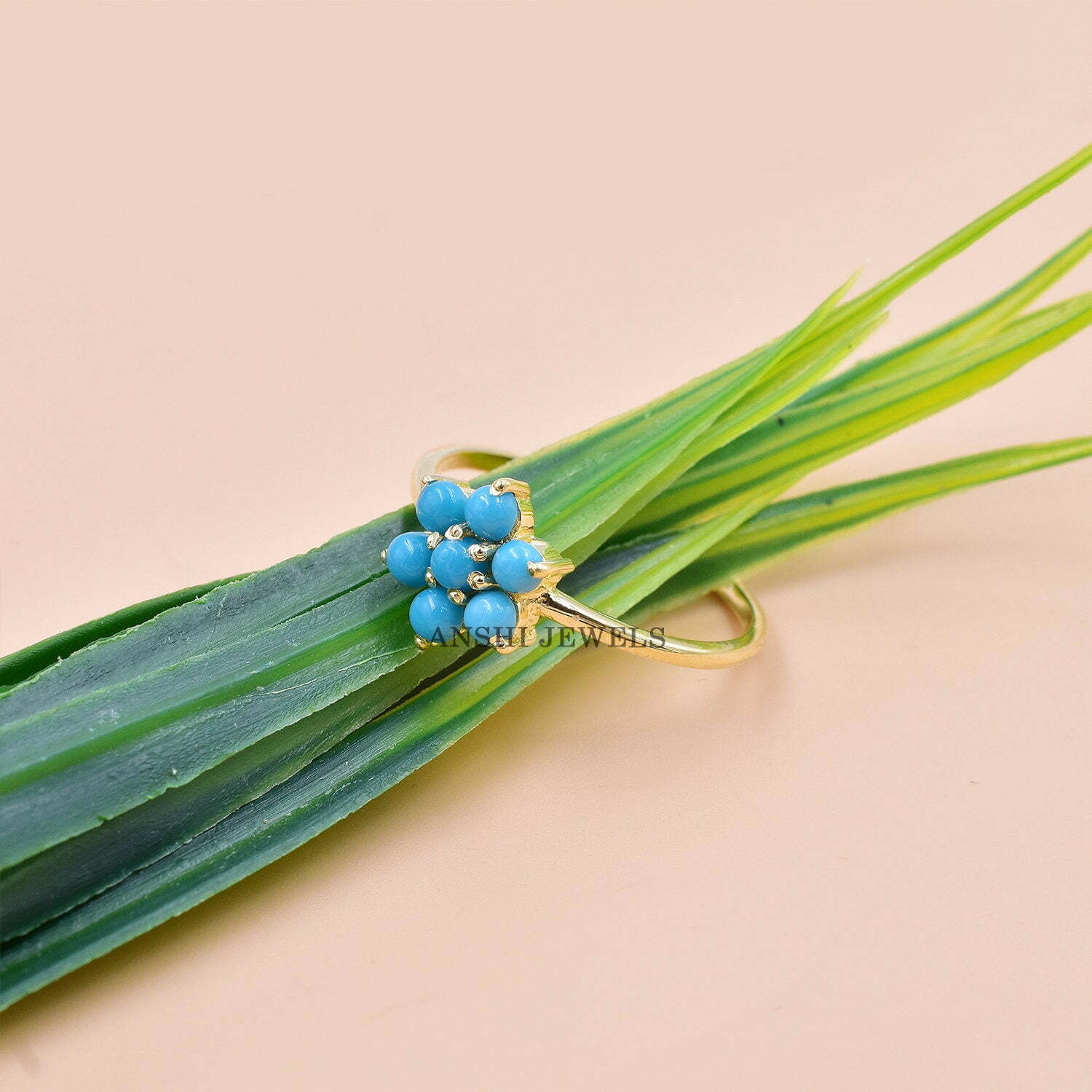 Turquoise Band Ring, 14K Gold Vermeil Band Ring, Women Turquoise Ring, Thin Turquoise Band Ring - Image 2