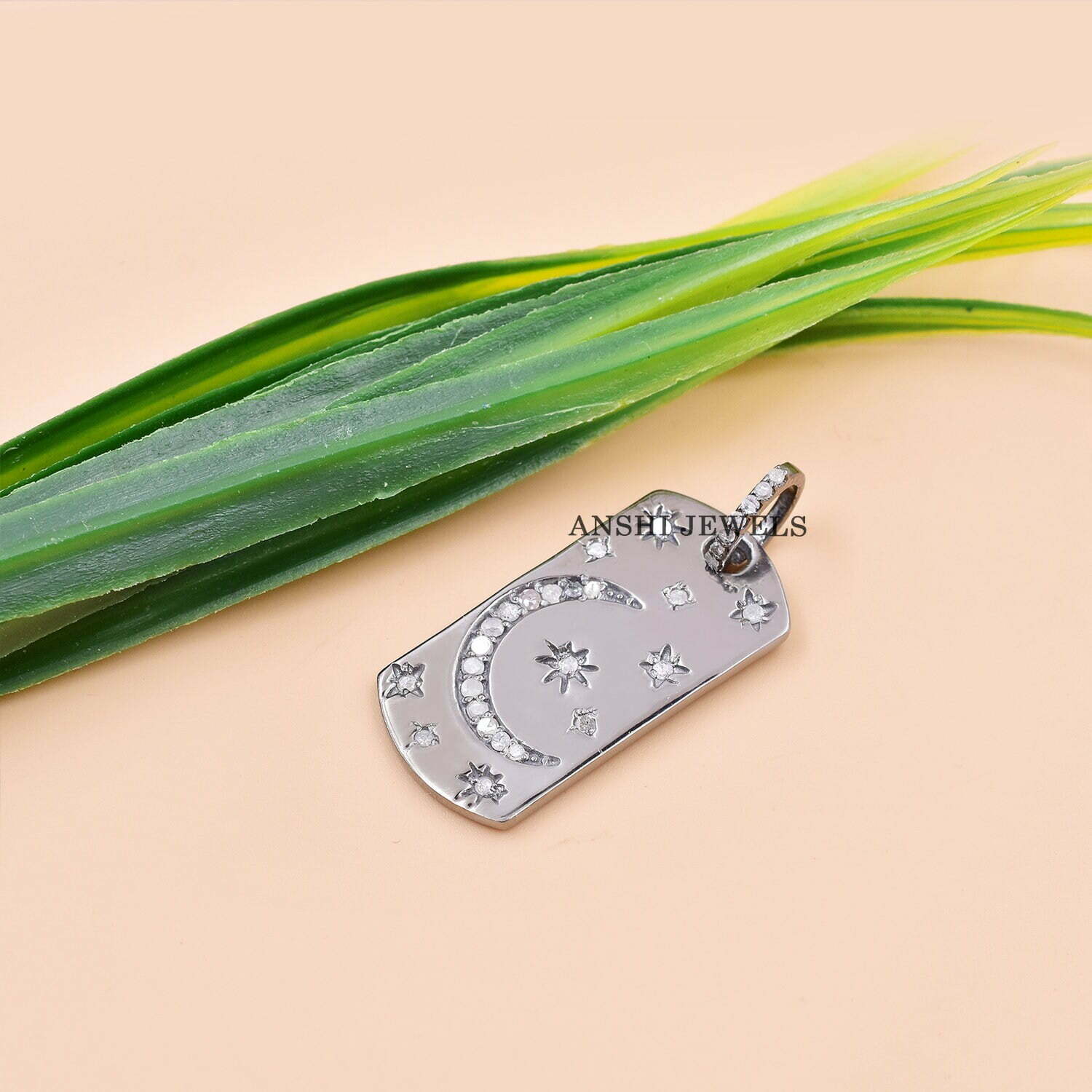 Single Cut Diamond Dog Tag Pendant, Half Moon Diamond Pendant, Diamond Mini Stars Pendant - Image 3