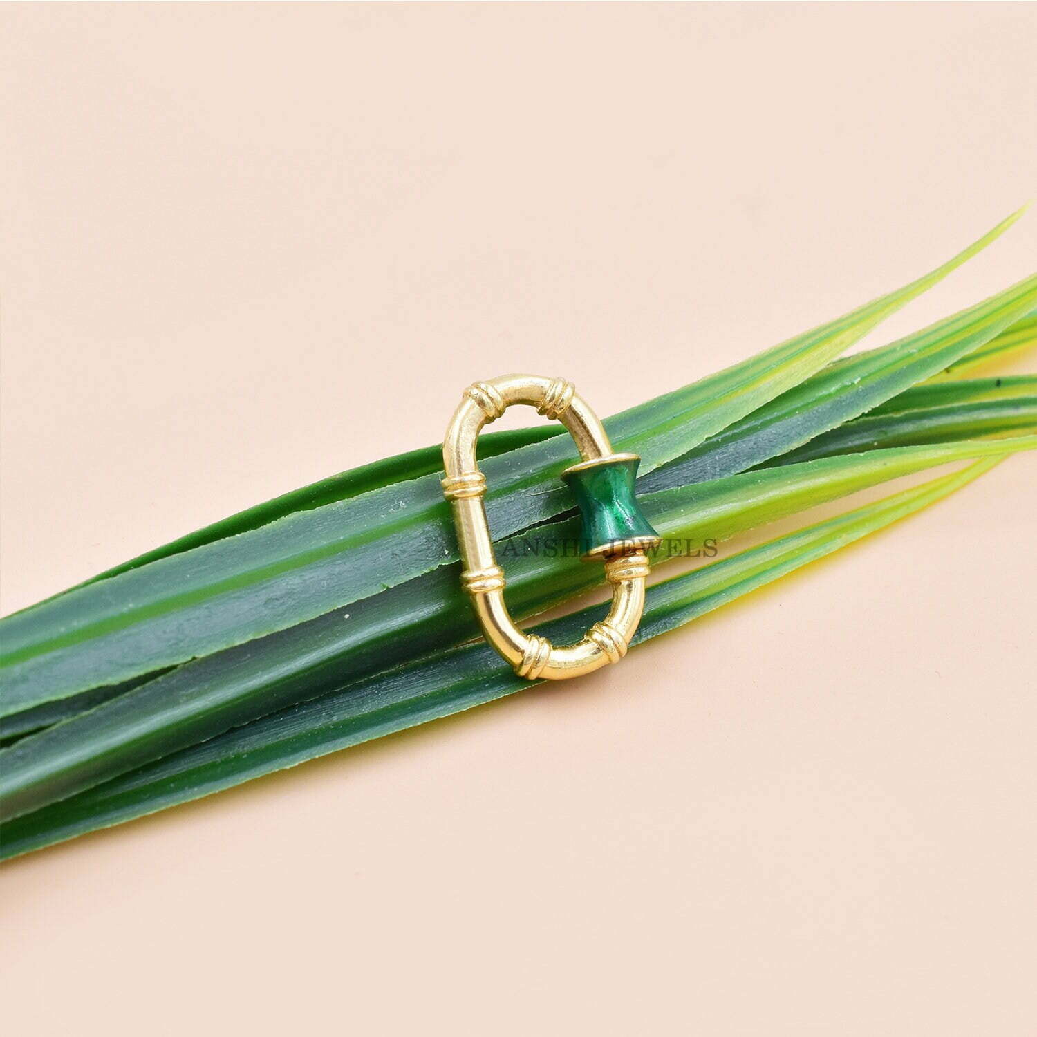 Gold Plated Green Enamel Bamboo Carabiner Lock - Image 2