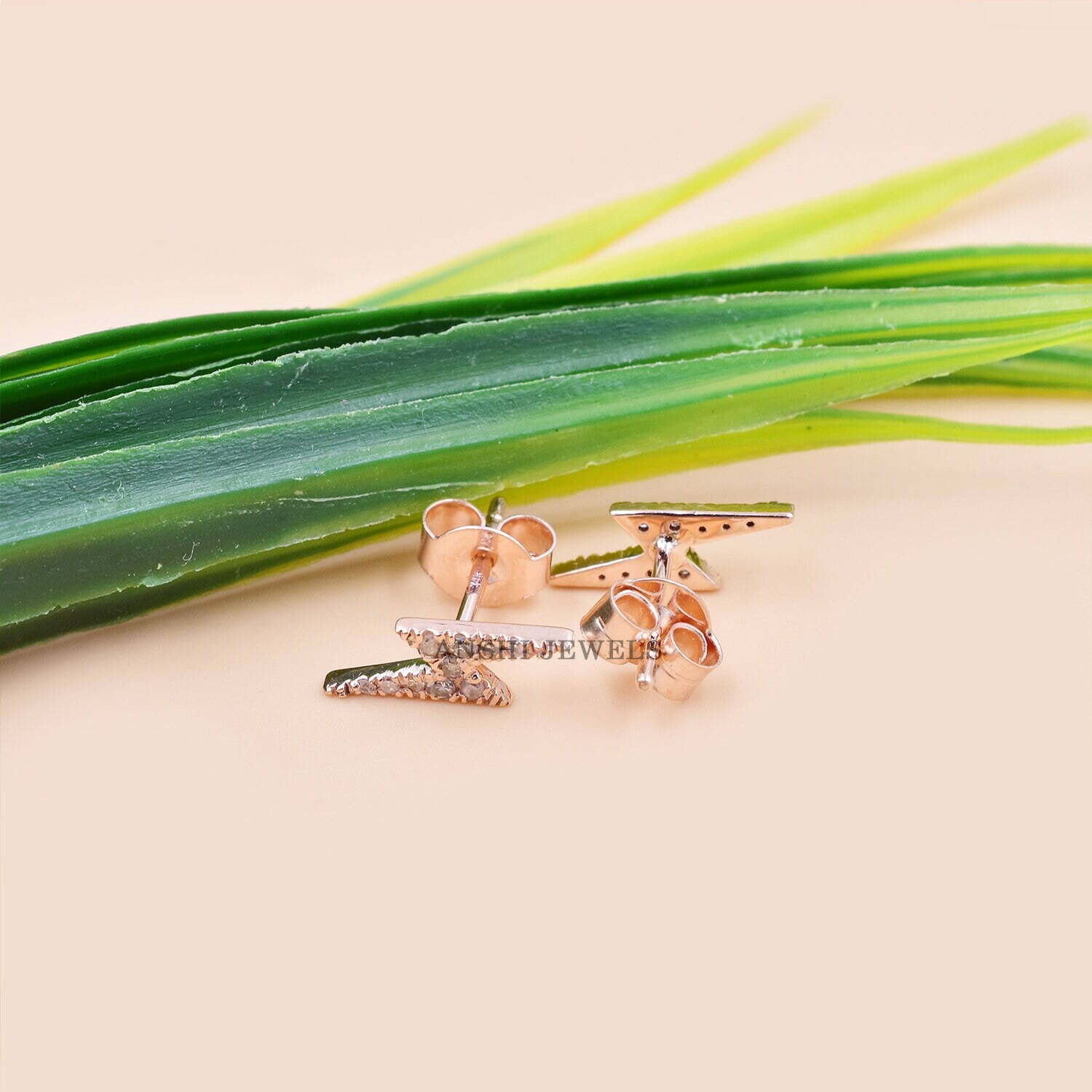 14K Rose Gold Lightning Bolt Stud Earring, Single Cut Diamond Earring, Gold Diamond Tiny Stud Earring Jewelry - Image 5