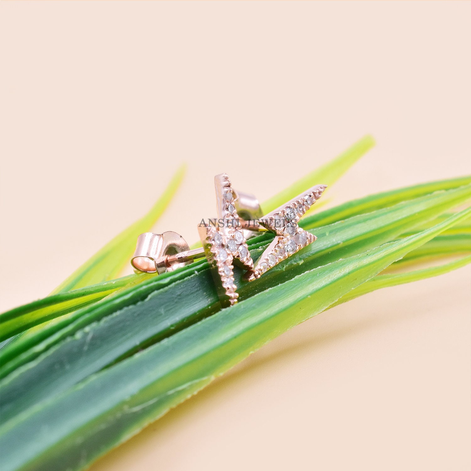 14K Rose Gold Lightning Bolt Stud Earring, Single Cut Diamond Earring, Gold Diamond Tiny Stud Earring Jewelry - Image 2