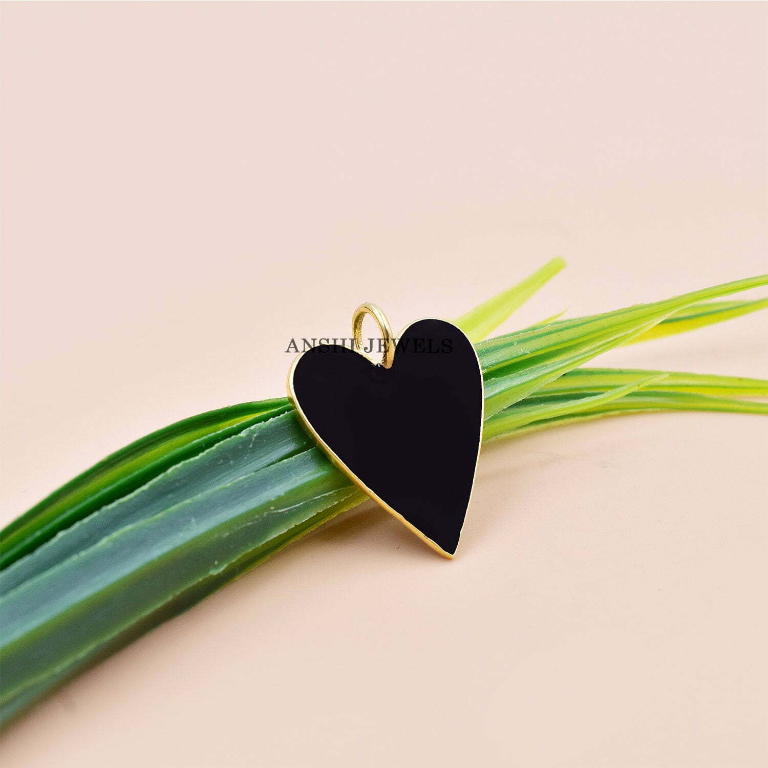 14K Yellow Gold Plated Heart Charm, Black Enamel Heart Charm - Image 3