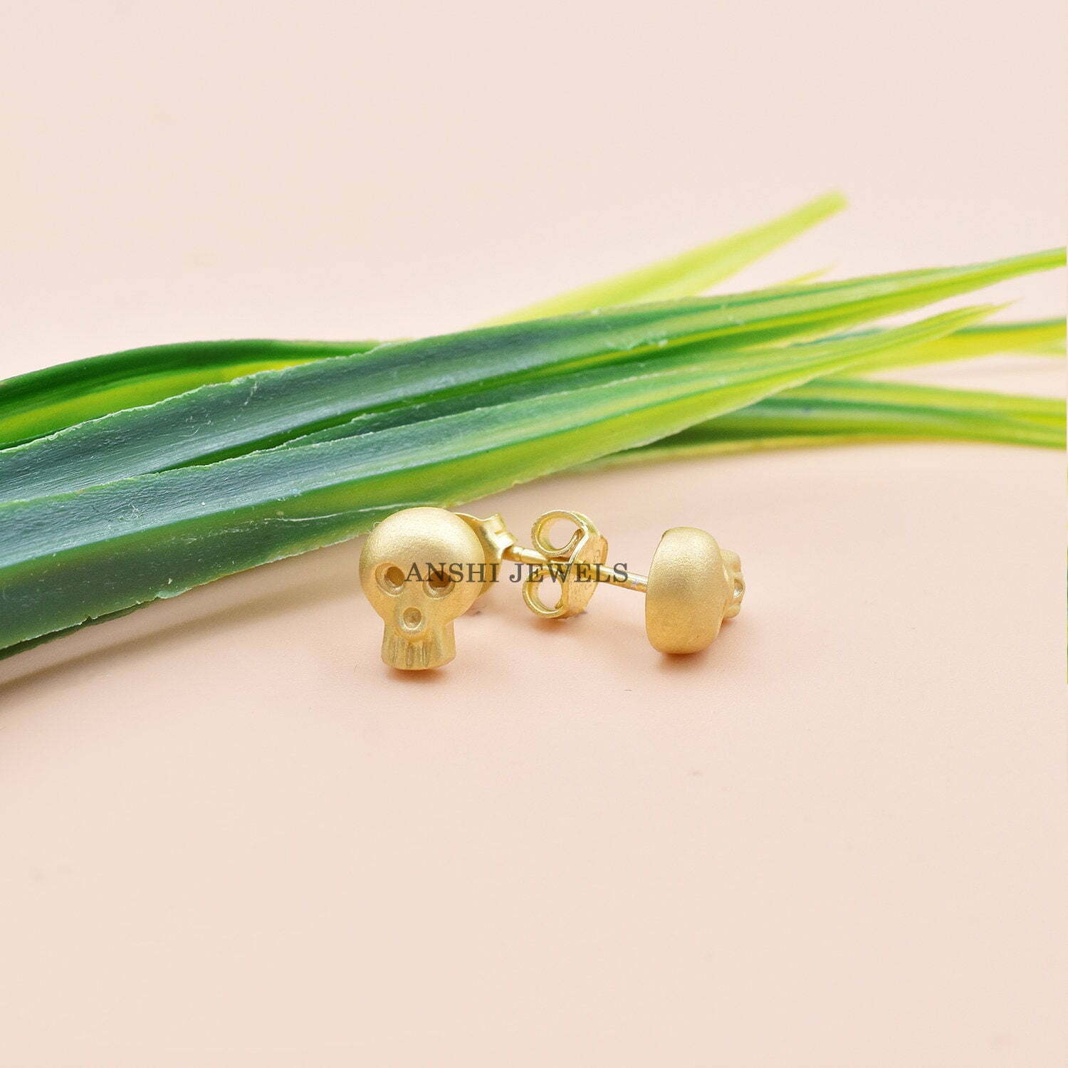 14K Yellow Gold Stud Earring, Gold Matte Finish Skull Stud Earring, Woman Wedding Stud Earring, Gift For Her Stud Earring Jewelry