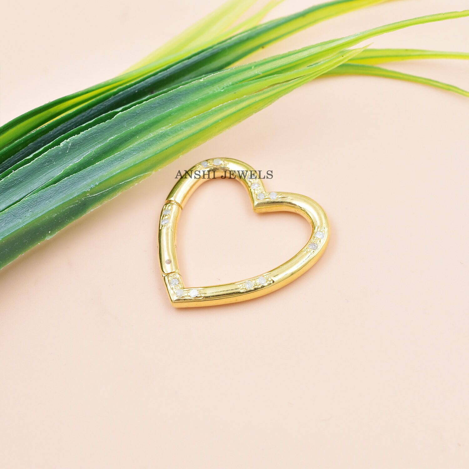 14K Solid Yellow Gold Plated Charm Lock, Single Cut Diamond Heart Charm Lock, Designer Charm Holder Lock - Image 2