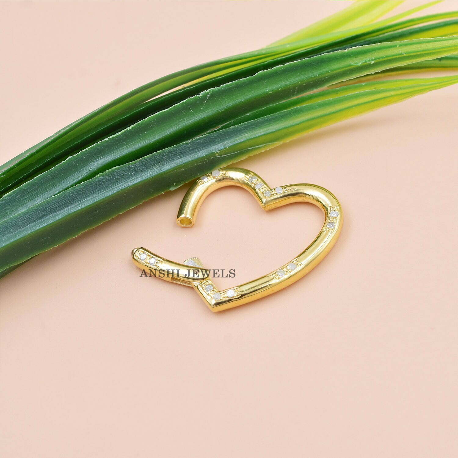14K Solid Yellow Gold Plated Charm Lock, Single Cut Diamond Heart Charm Lock, Designer Charm Holder Lock - Image 4
