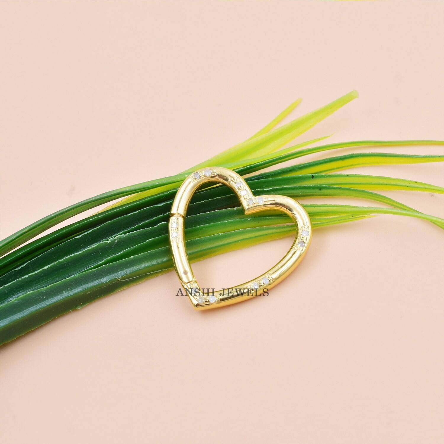 14K Solid Yellow Gold Plated Charm Lock, Single Cut Diamond Heart Charm Lock, Designer Charm Holder Lock