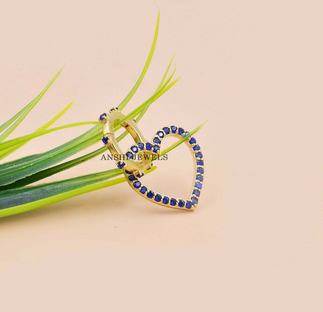 14k Yellow Gold Plated Charm Holder, Blue Sapphire Heart & Clasp Lock Charm, Woman Designer Necklace Charm