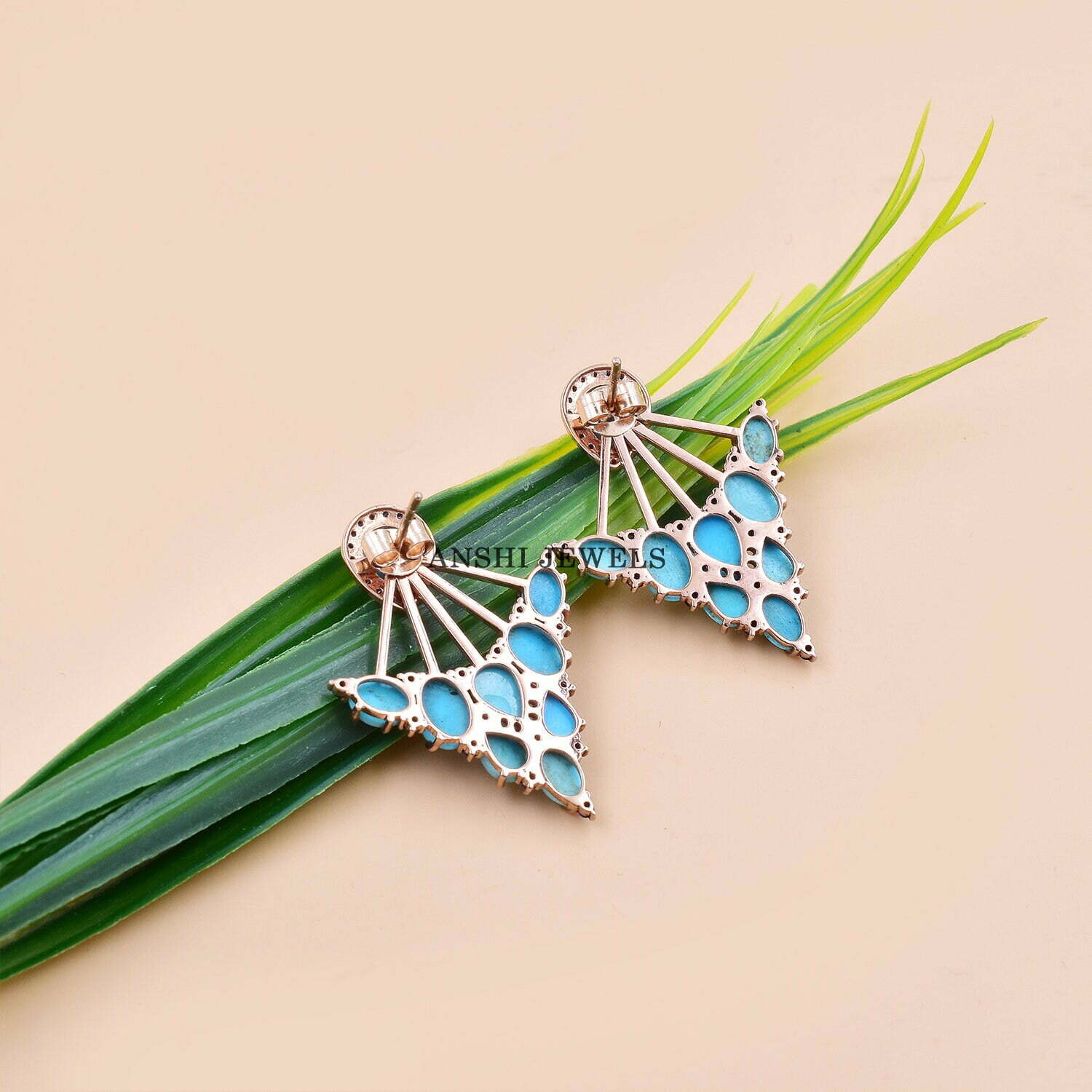 14K Rose Gold Earring, Turquoise Ear Jacket Earring, Woman Blue Sapphire Earrings, Turquoise Push Back Earring - Image 2