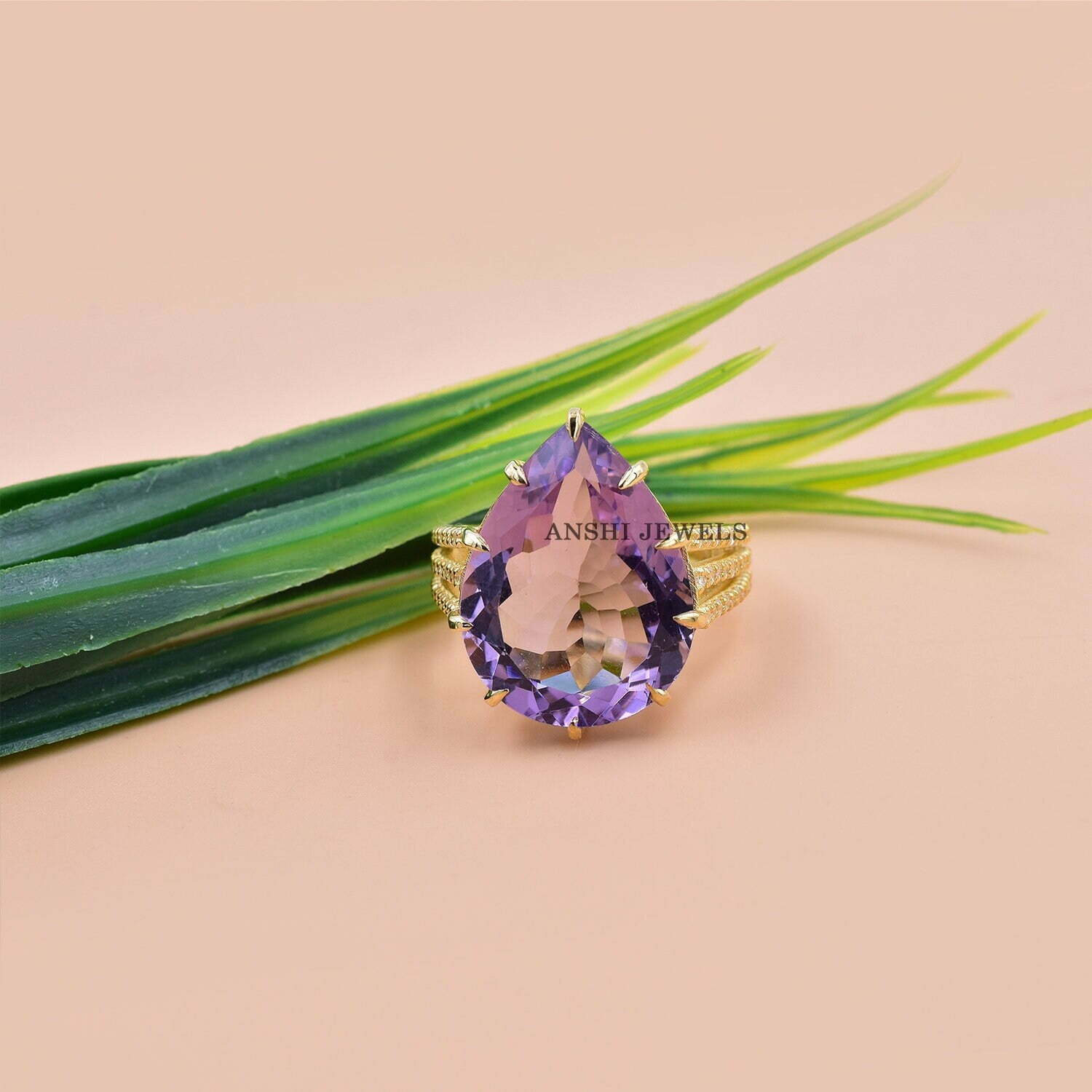 9K Yellow Gold Band Ring, Amethyst Gemstone Band Ring, White Topaz Band Ring, Pear Cut Amethyst Band Ring - Image 2
