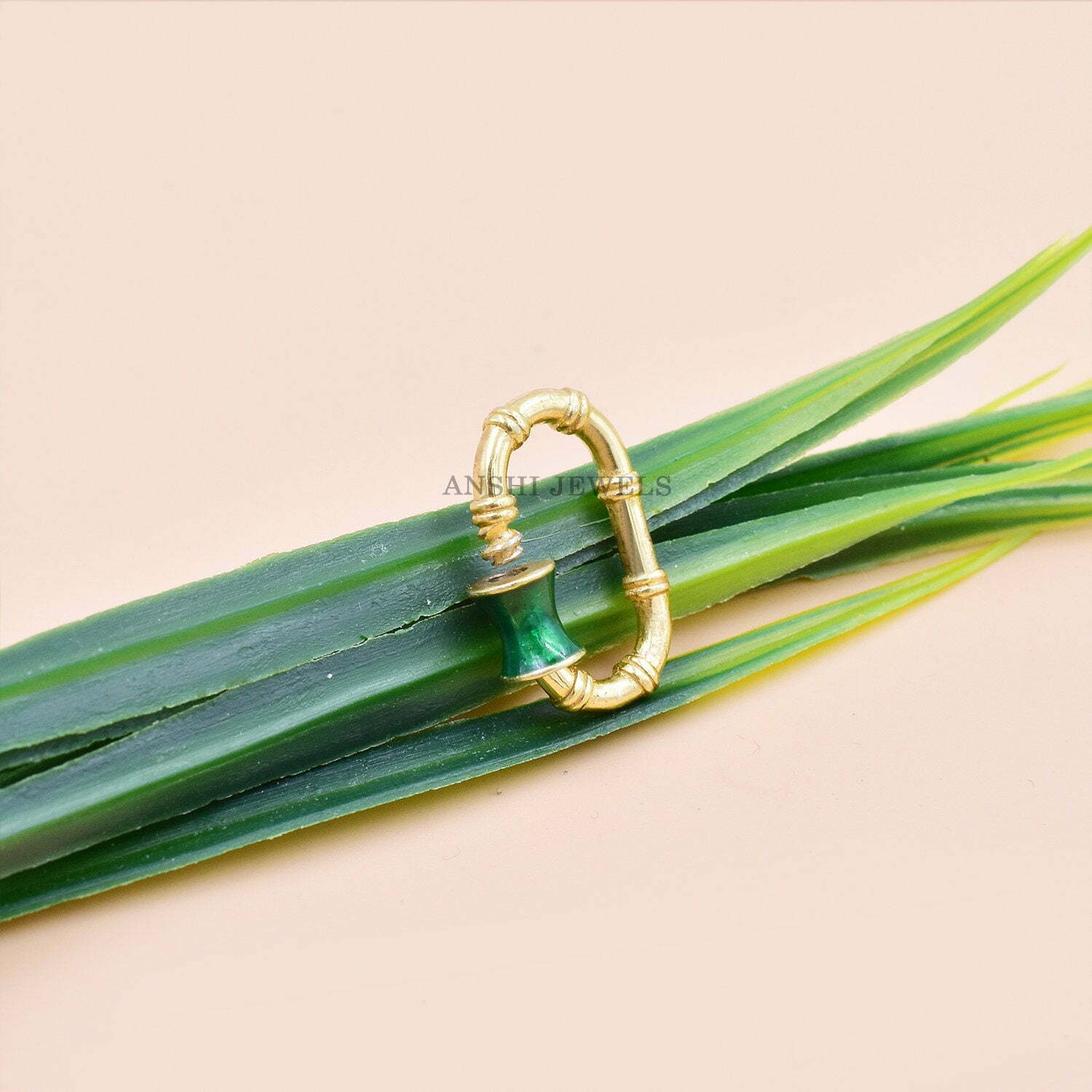 Gold Plated Green Enamel Bamboo Carabiner Lock - Image 3
