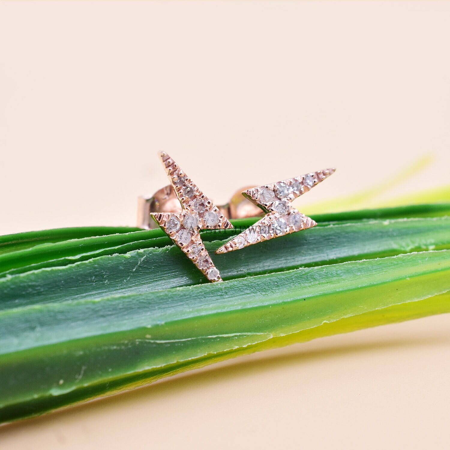14K Rose Gold Lightning Bolt Stud Earring, Single Cut Diamond Earring, Gold Diamond Tiny Stud Earring Jewelry - Image 4
