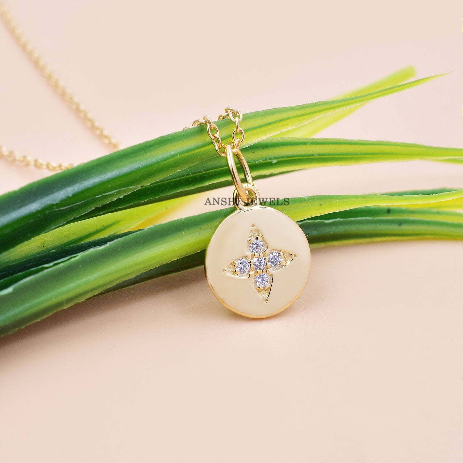 14K Yellow Gold Round Charm Necklace, Diamond Star Charm Necklace, Woman Mini Charm Necklace - Image 2