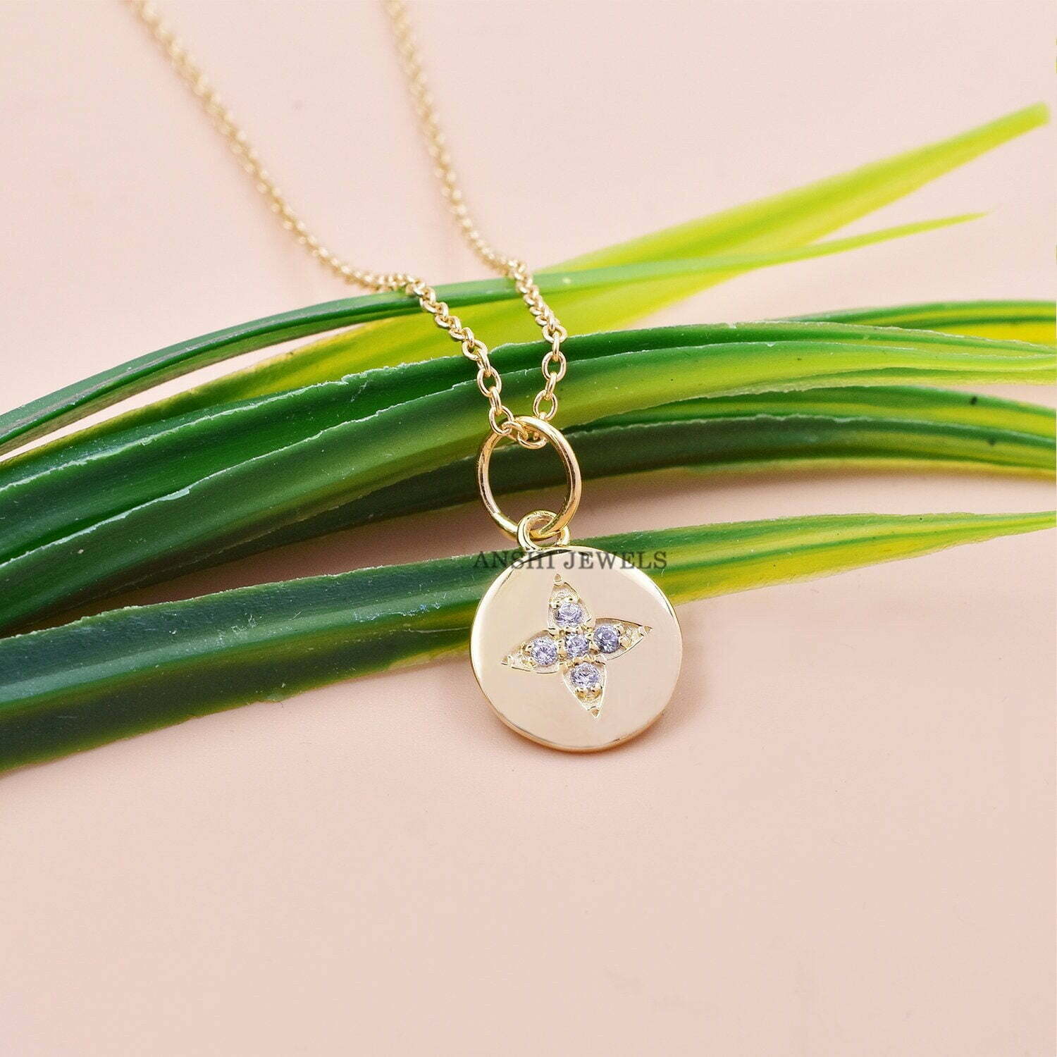 14K Yellow Gold Round Charm Necklace, Diamond Star Charm Necklace, Woman Mini Charm Necklace