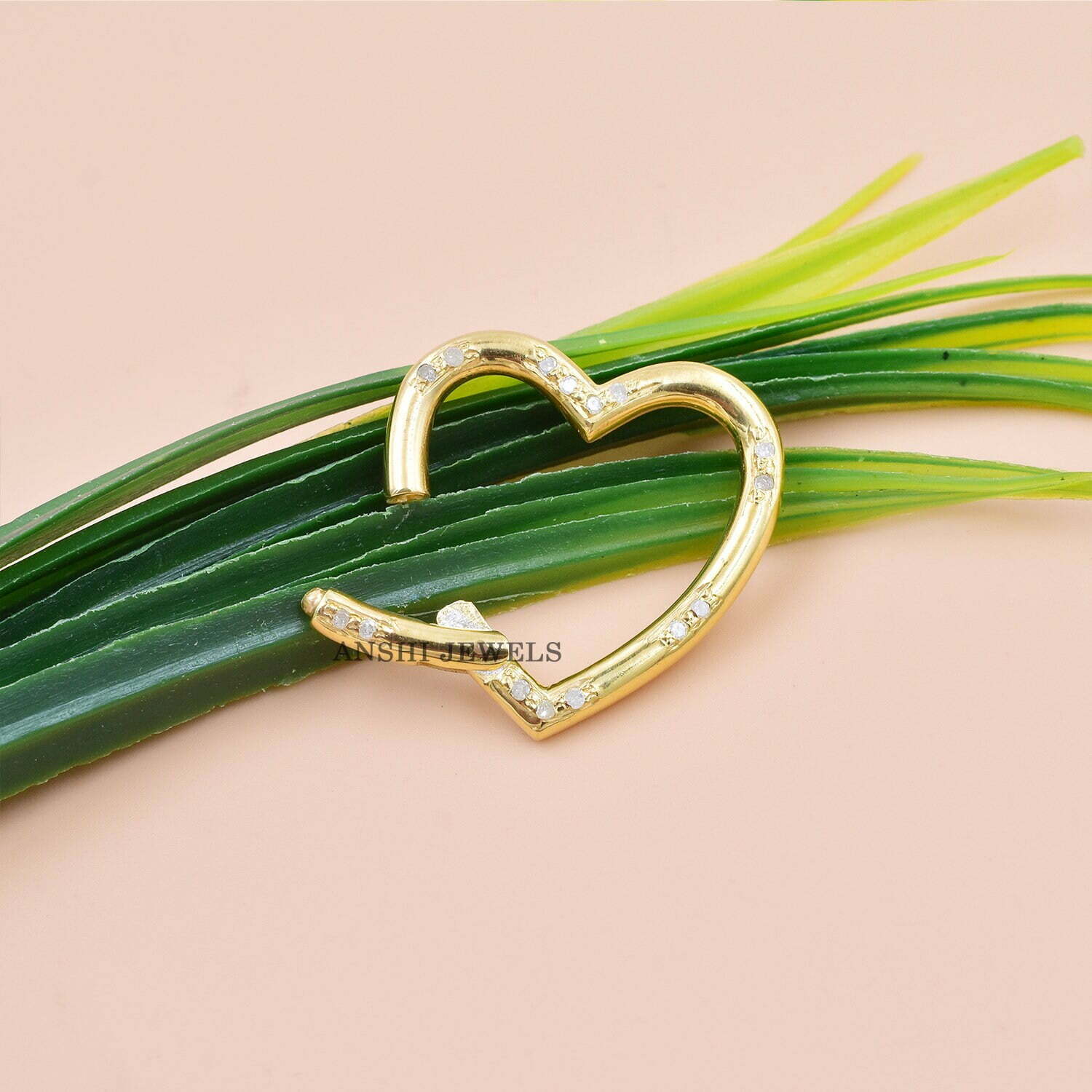 14K Solid Yellow Gold Plated Charm Lock, Single Cut Diamond Heart Charm Lock, Designer Charm Holder Lock - Image 5
