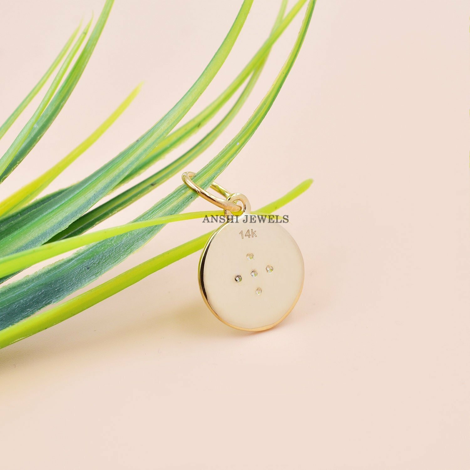 14K Solid Yellow Gold Mini Round Charm, Diamond Star Charm, Woman Gold Mini Charm - Image 2