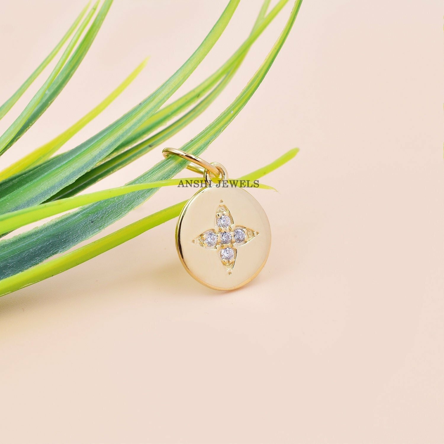14K Solid Yellow Gold Mini Round Charm, Diamond Star Charm, Woman Gold Mini Charm