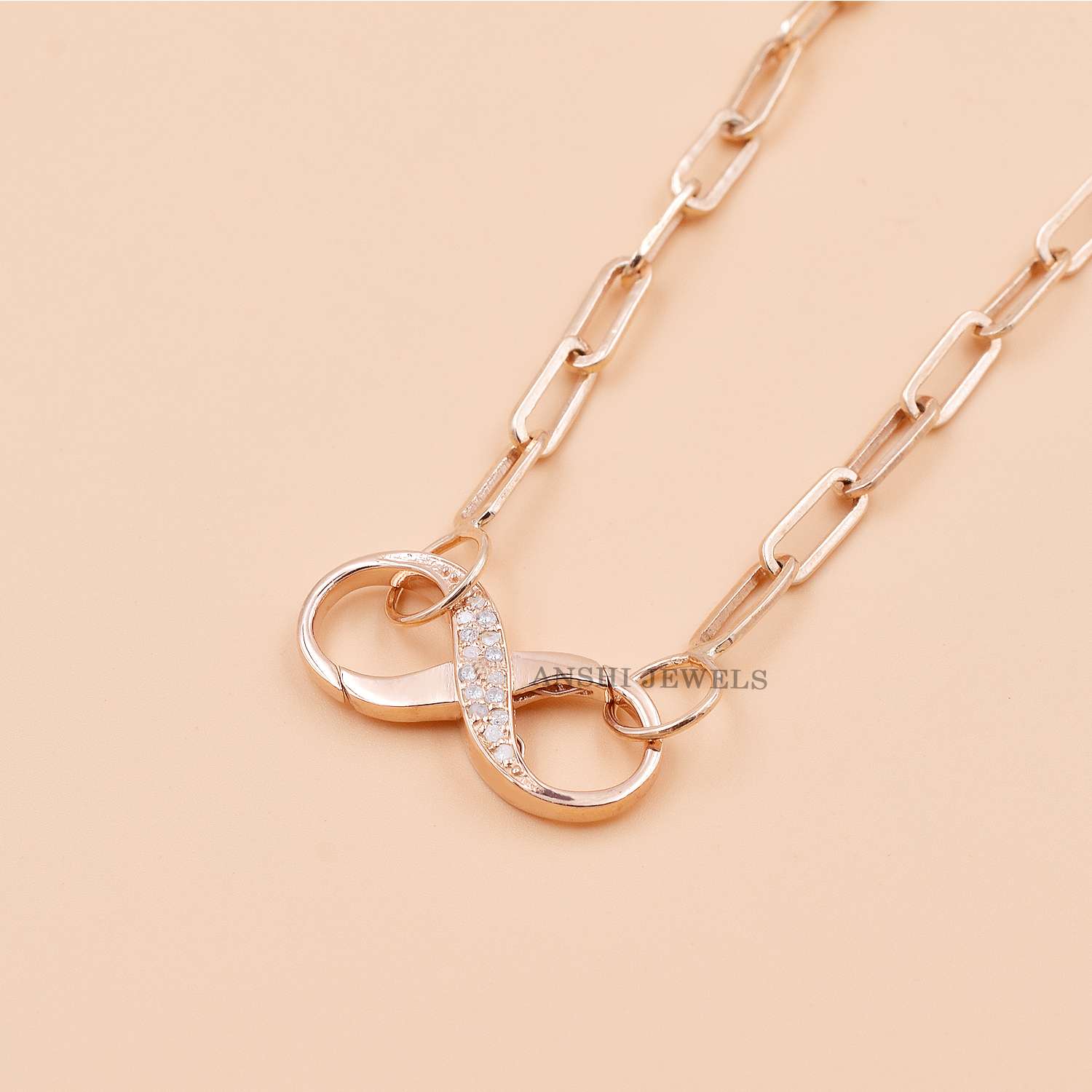 14K Rose Gold Infinity Necklace, Woman Infinity Chain Necklace, Diamond Chain Necklace