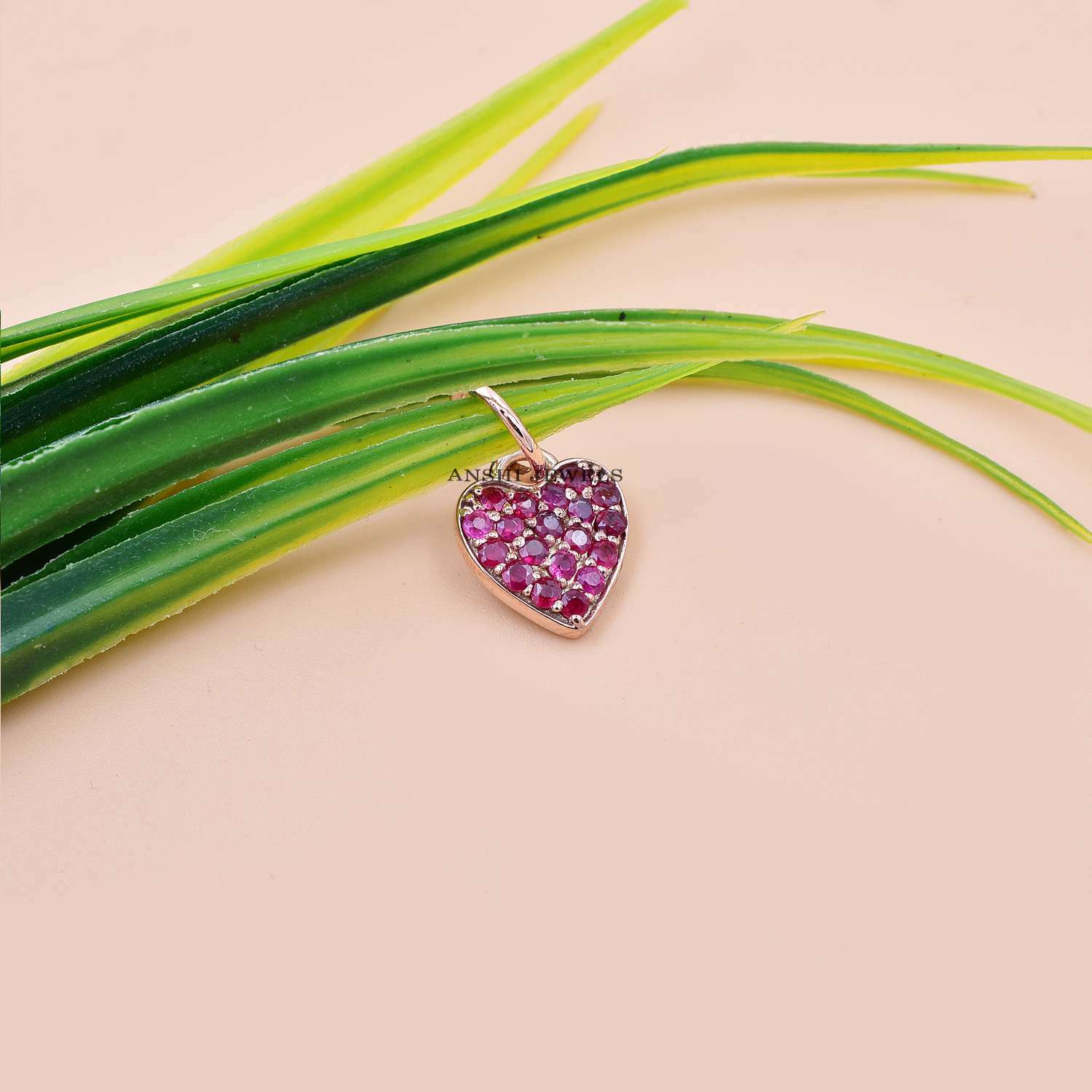 14K White Gold Heart Charm, Pink Sapphire Heart Charm, Woman Mini Heart Charm Pendant - Image 5