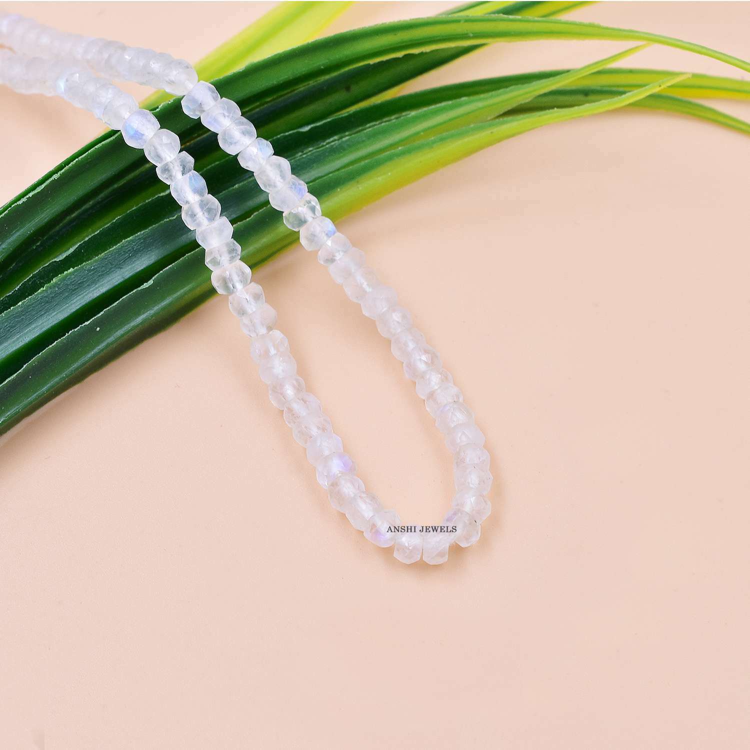 Gemstone Beads Necklace, Moonstone Beads Necklace, Melon Shape Beads Silver Jumps Necklace