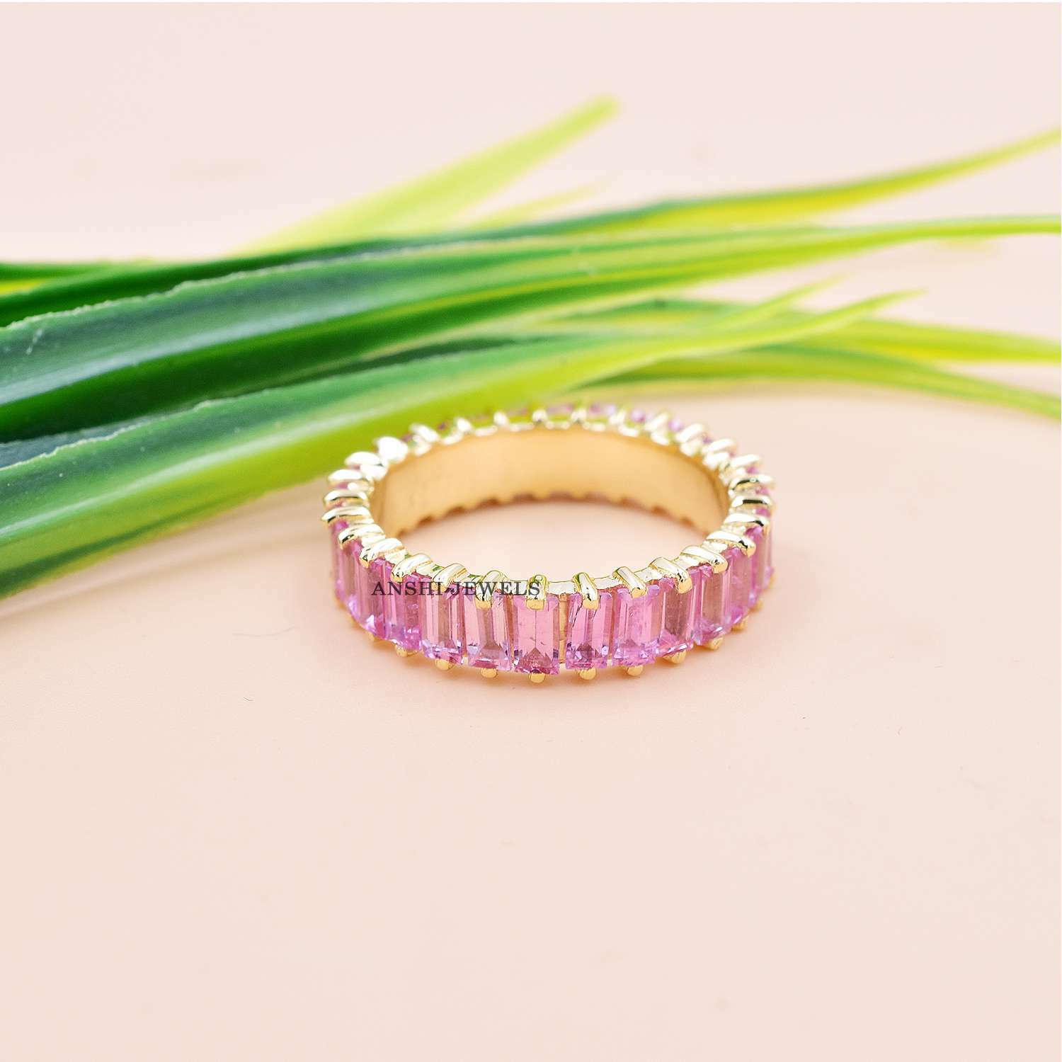18K Yellow Gold Baguette Band Ring, Pink Sapphire Baguette Band Ring - Image 4