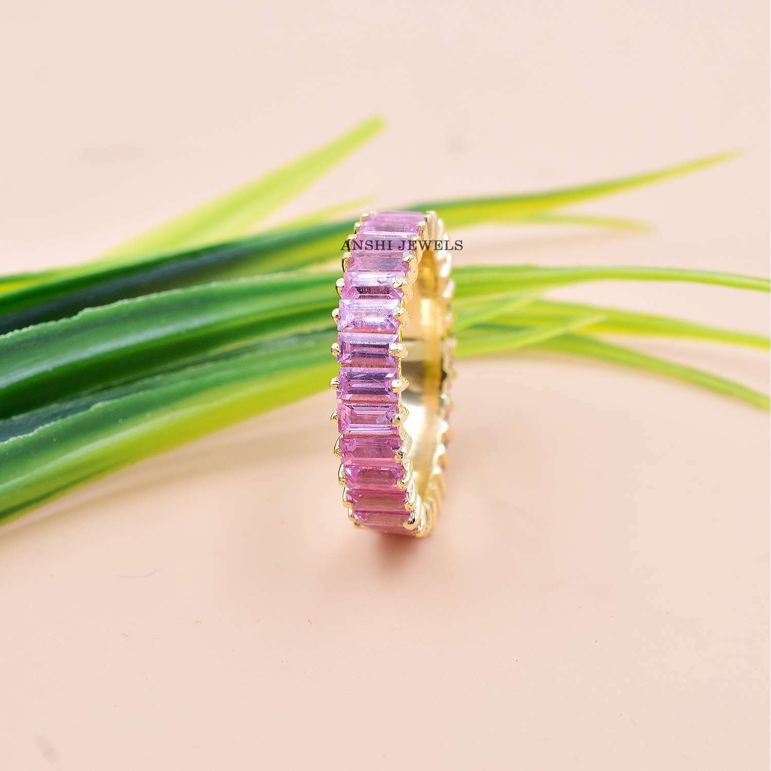 18K Yellow Gold Baguette Band Ring, Pink Sapphire Baguette Band Ring - Image 3