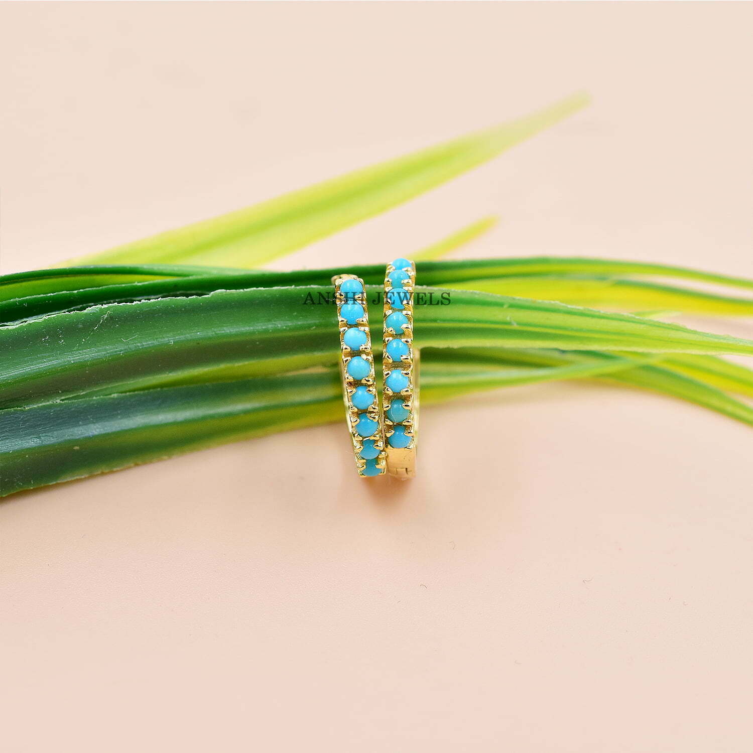 14K Yellow Gold Hoop Earring, Turquoise Hoop Earring, Woman Tiny Hoop Earrings, Gemstone Hoop Earring - Image 3