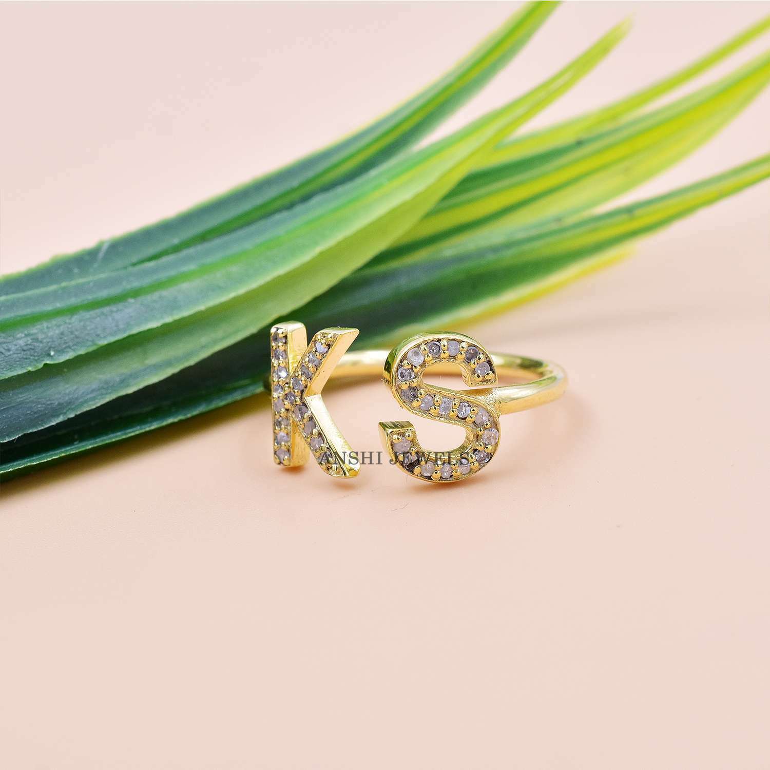 14K Yellow Gold Plated Letter Ring, Single Cut Diamond Letter Ring, KS Initial Letter Ring - Image 4