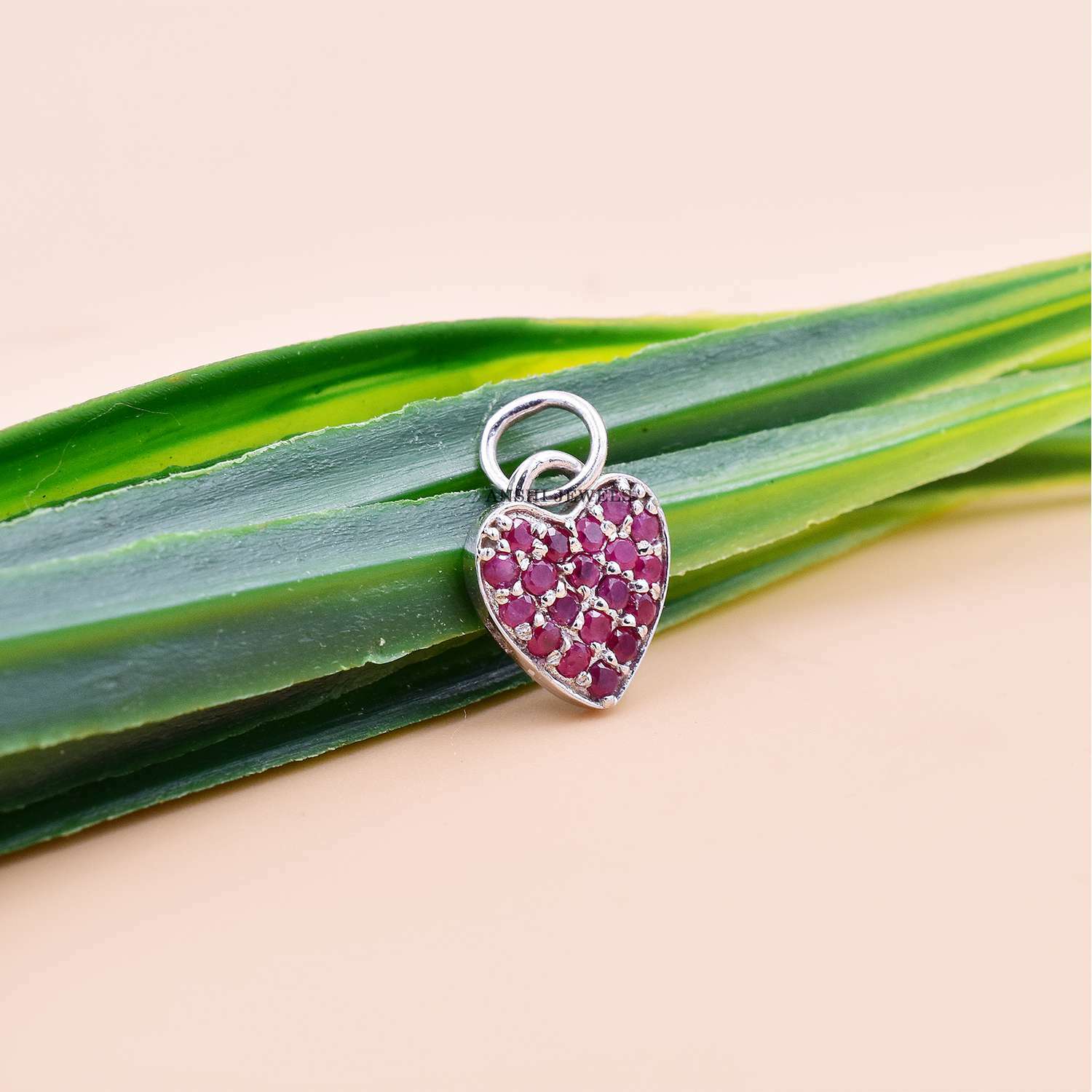 14K White Gold Heart Charm, Pink Sapphire Heart Charm, Woman Mini Heart Charm Pendant - Image 3