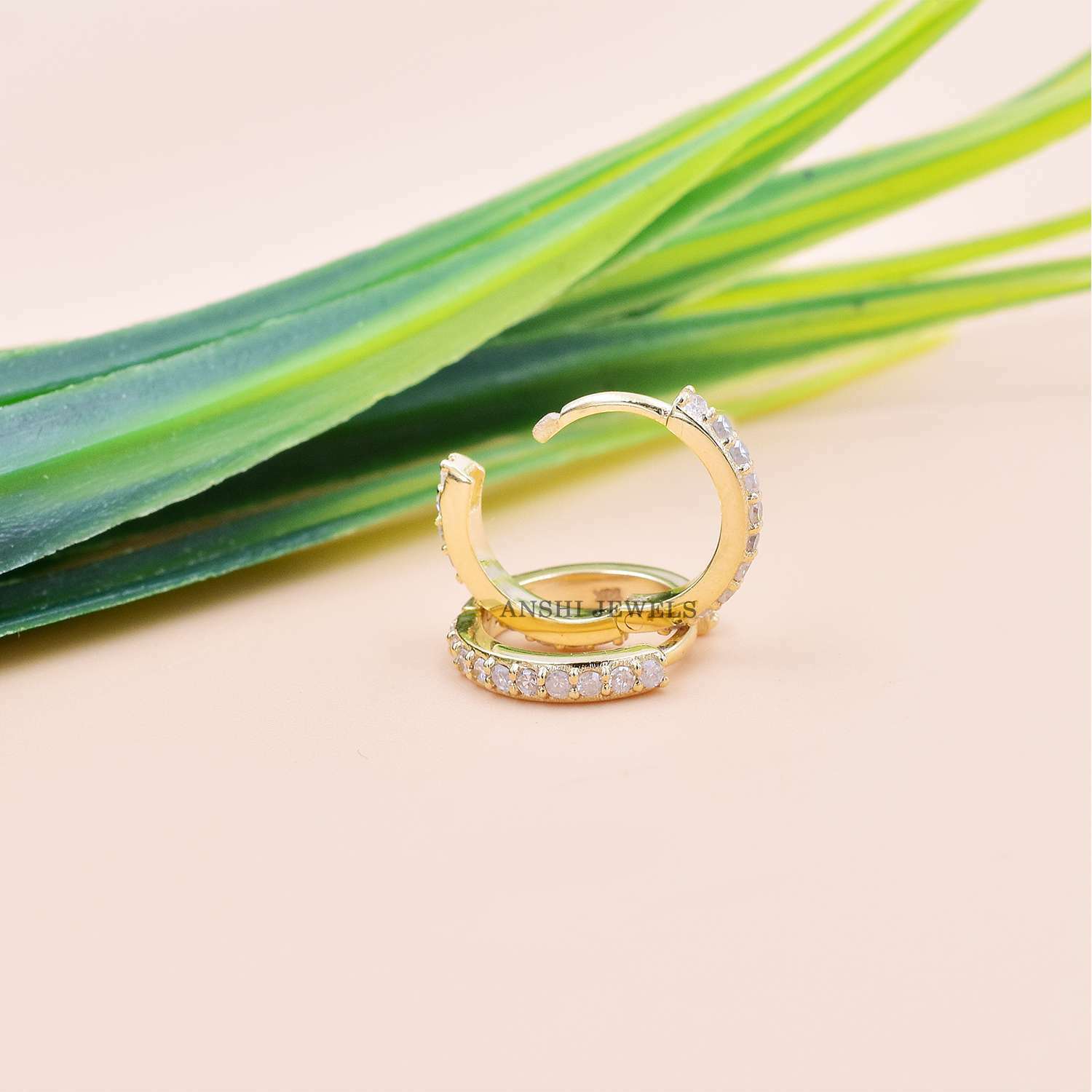 Single Cut Diamond Mini Hoop Earring, 14K Yellow Gold Hoop Earring, Small Hoop Earring - Image 3