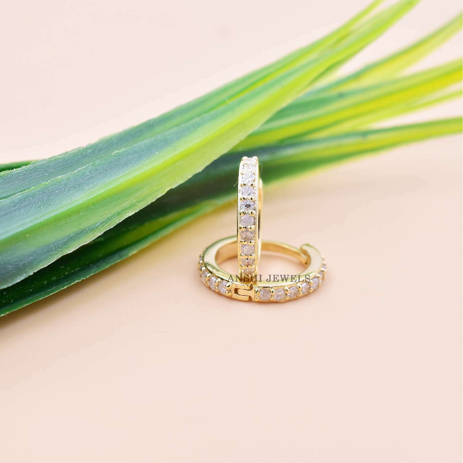 Single Cut Diamond Mini Hoop Earring, 14K Yellow Gold Hoop Earring, Small Hoop Earring - Image 4