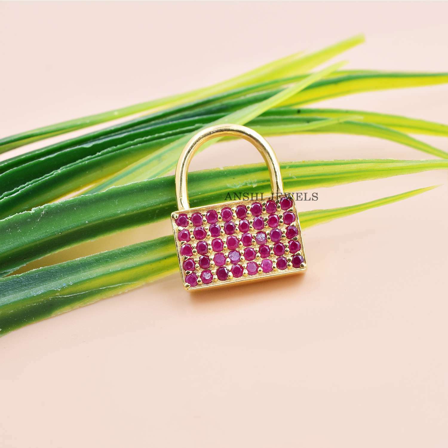 14K Yellow Gold Plated Padlock, Ruby Padlock, Designer Gemstone Padlock, Women Necklace Padlock