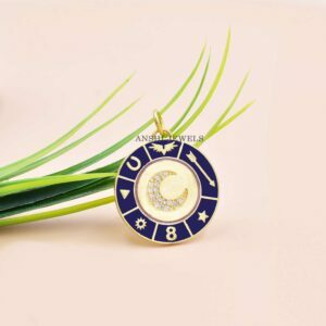 14K Yellow Gold Round Crescent Pendant, Champleve Enamel Medallion Pendant