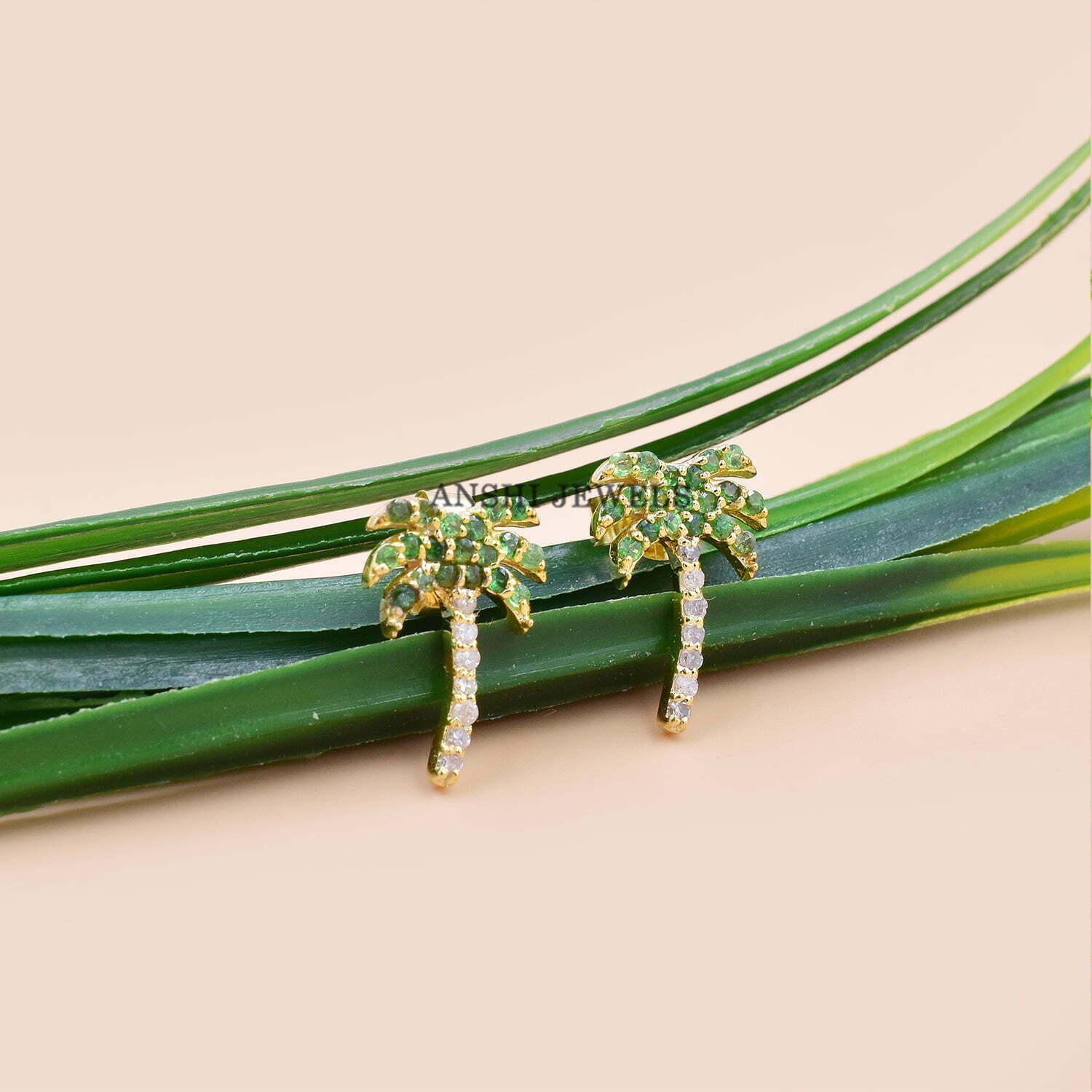 Emerald Palm Tree Studs