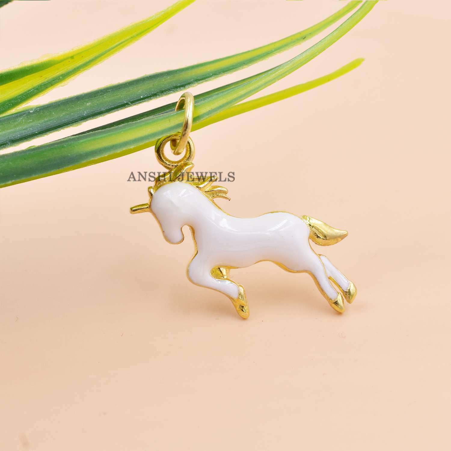 14K Yellow Gold Plated Horse Charm, White Enamel Charm, Designer Horse Charm - Image 3