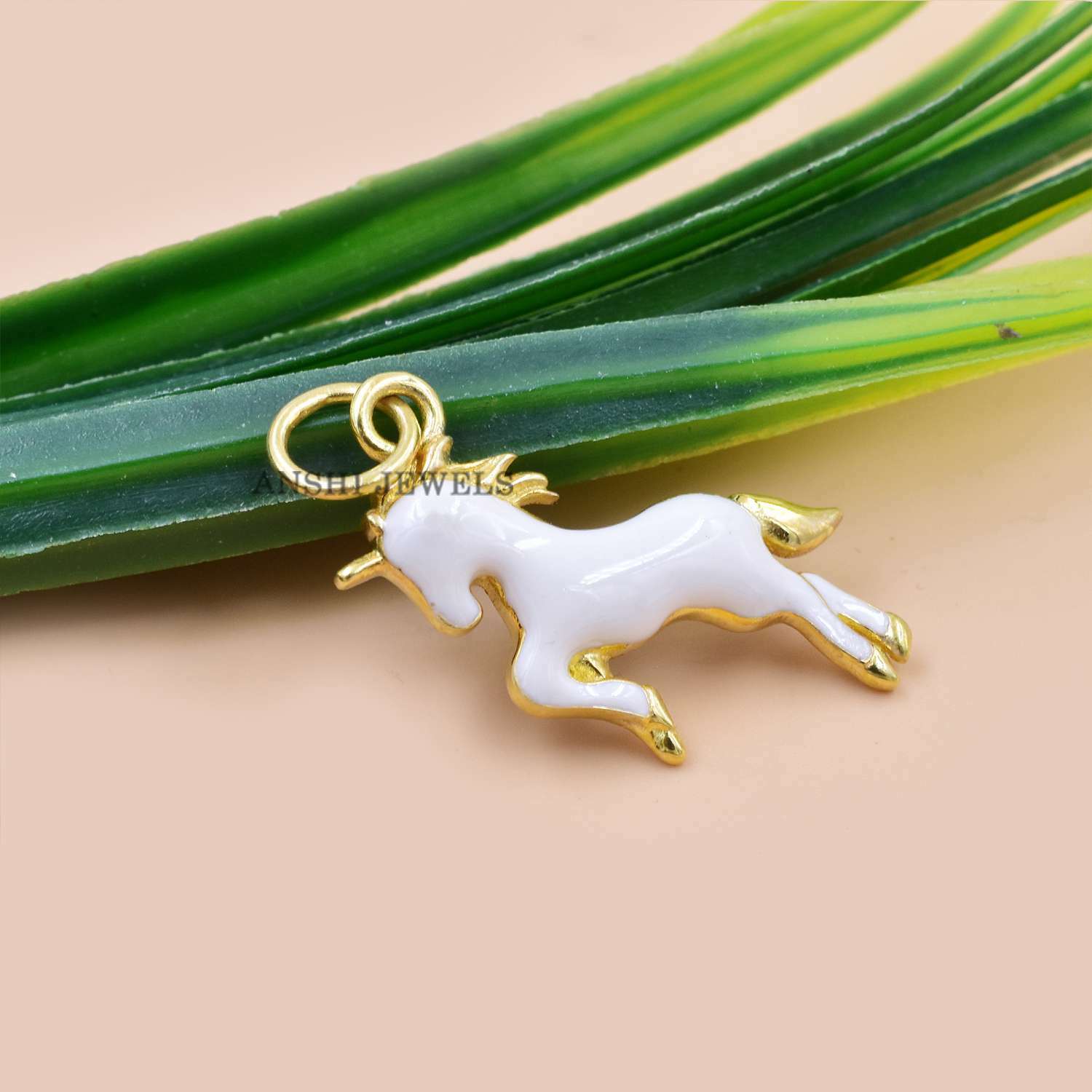 14K Yellow Gold Plated Horse Charm, White Enamel Charm, Designer Horse Charm - Image 4