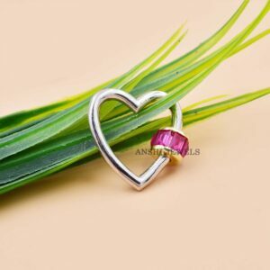 925 Sterling Silver Pink Cubic Zirconia Baguette Heart Carabiner Jewelry