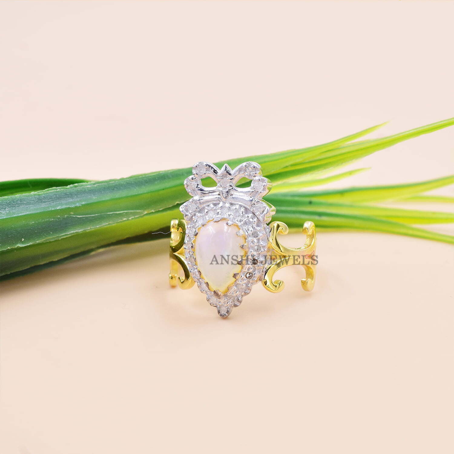 14K Yellow Gold Band Ring, Pear Cut Opal Gemstone Band Ring, Diamond Two-Tone Band Ring