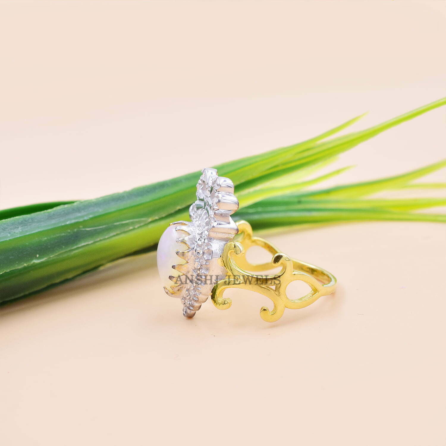 14K Yellow Gold Band Ring, Pear Cut Opal Gemstone Band Ring, Diamond Two-Tone Band Ring - Image 3