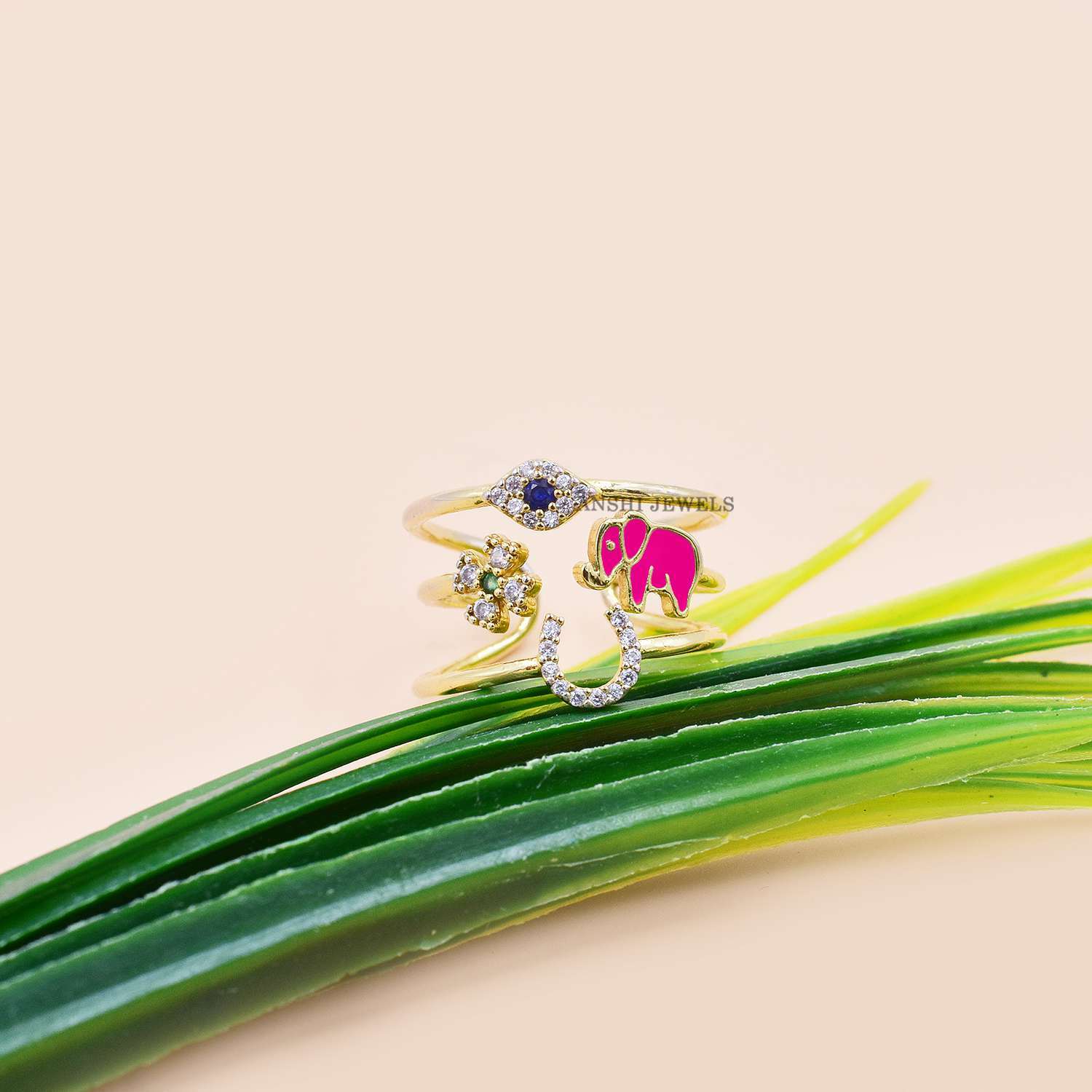 14K Yellow Gold Plated Band Ring, Dipped Adjustable Ring, Single Cut Diamond Ring, Enamel Elephant Ring Jewelry - Image 3
