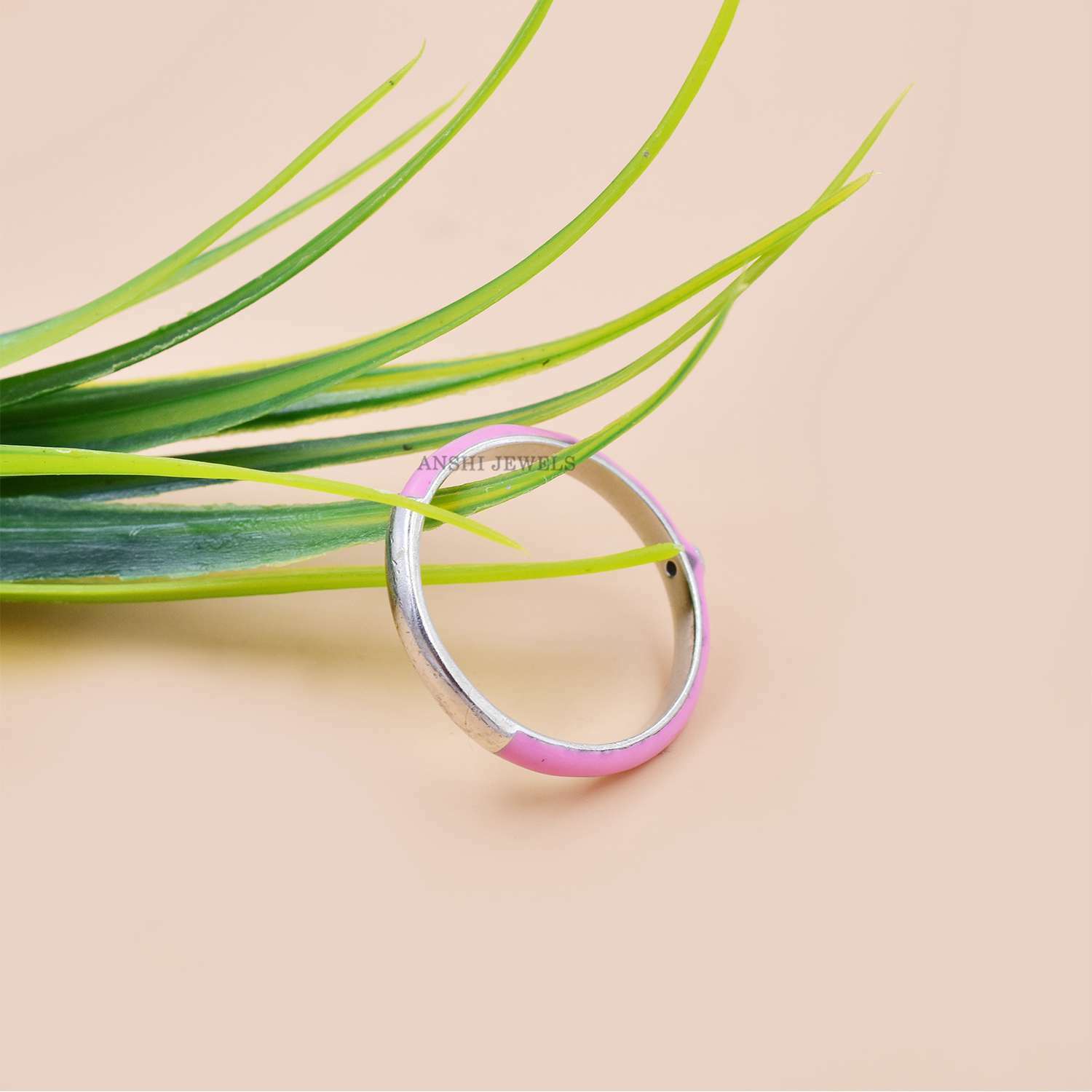 925 Silver Band Ring, One Diamond Band Ring, Pink Enamel Band Ring - Image 4
