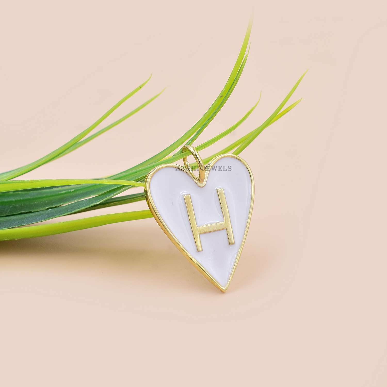 White Enamel H Heart Charm