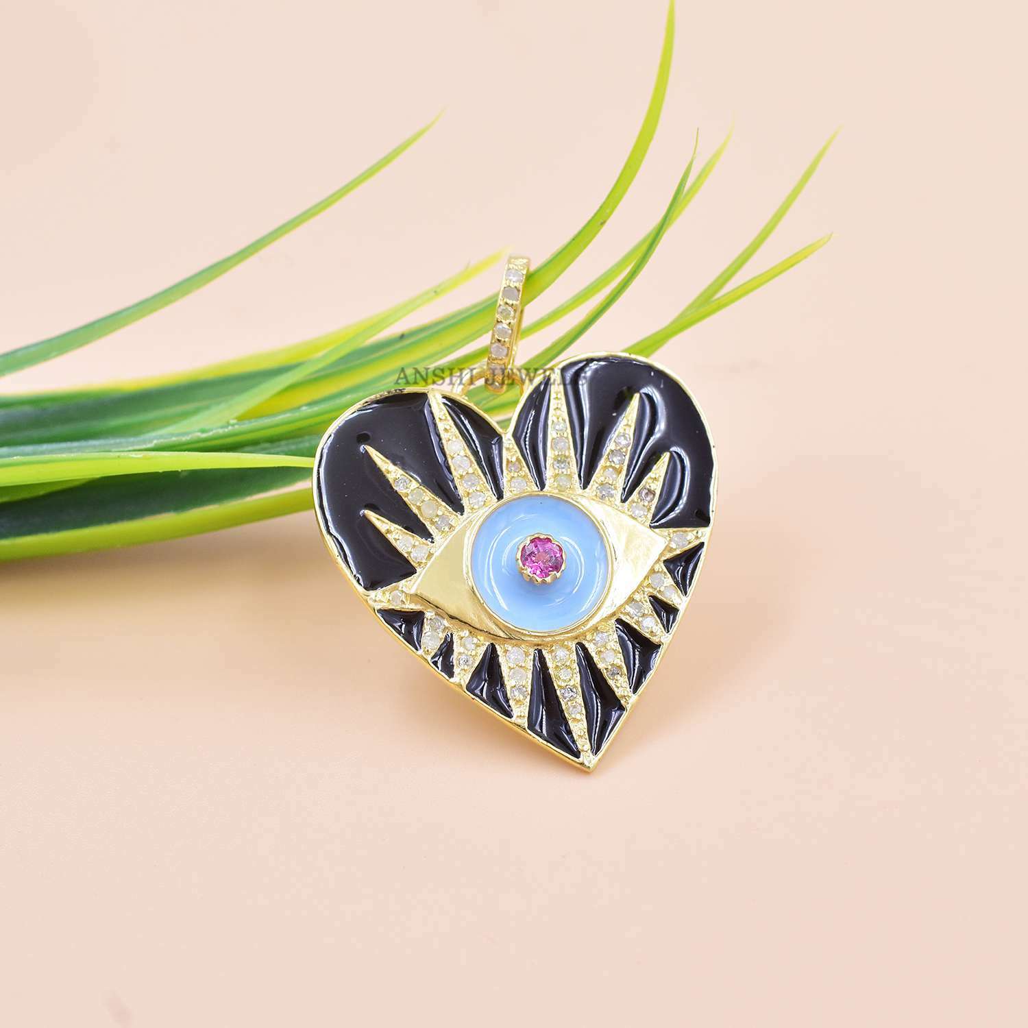 Topaz Blue Enamel Heart Pendant